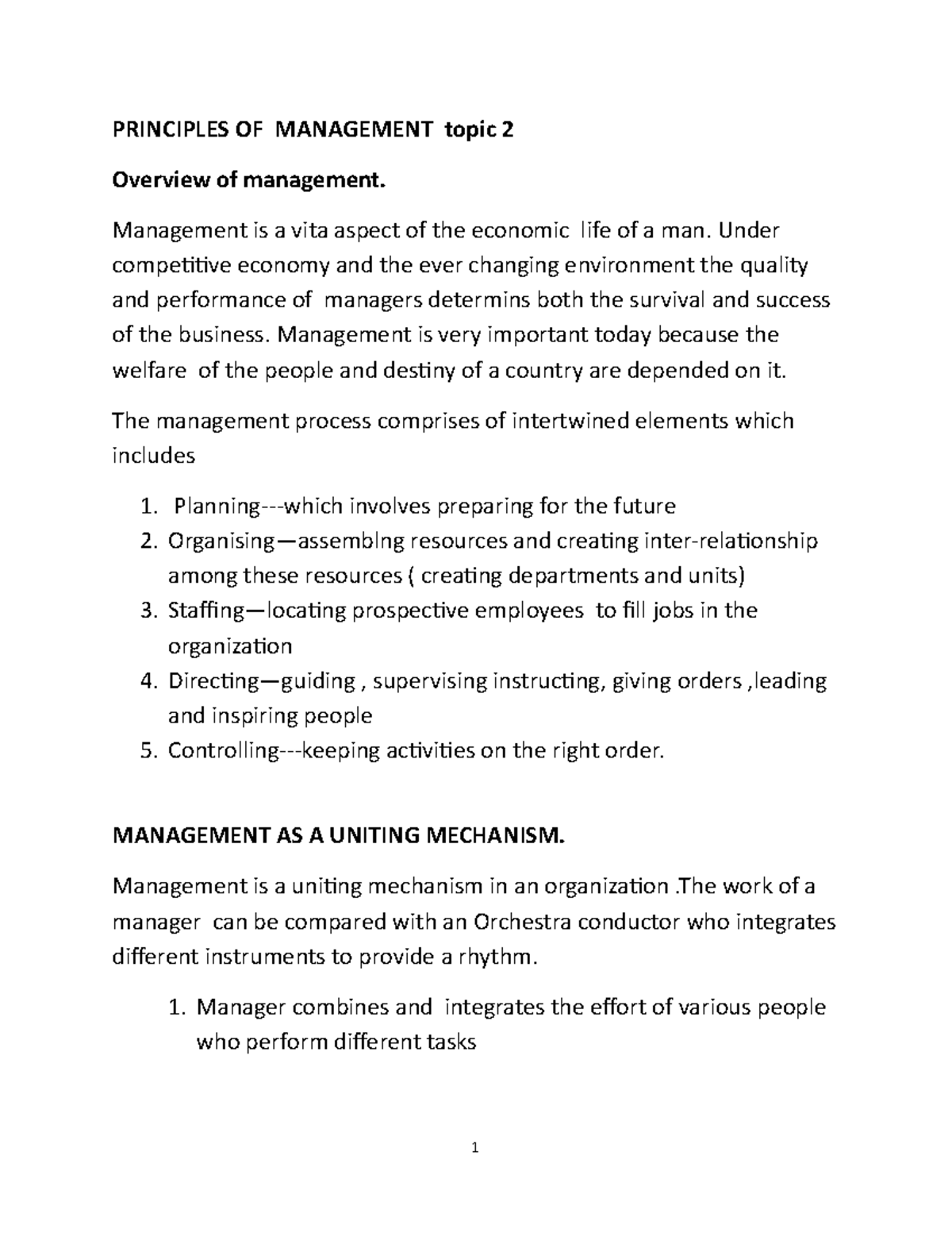 Principles OF Management topic 2 year 1 - BACHELOR OF COMMERCE - MMU ...