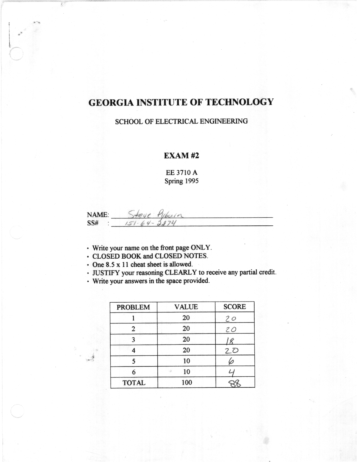 Spring 1995 Exam2 - Exam Practice - ECE 3710 - Studocu