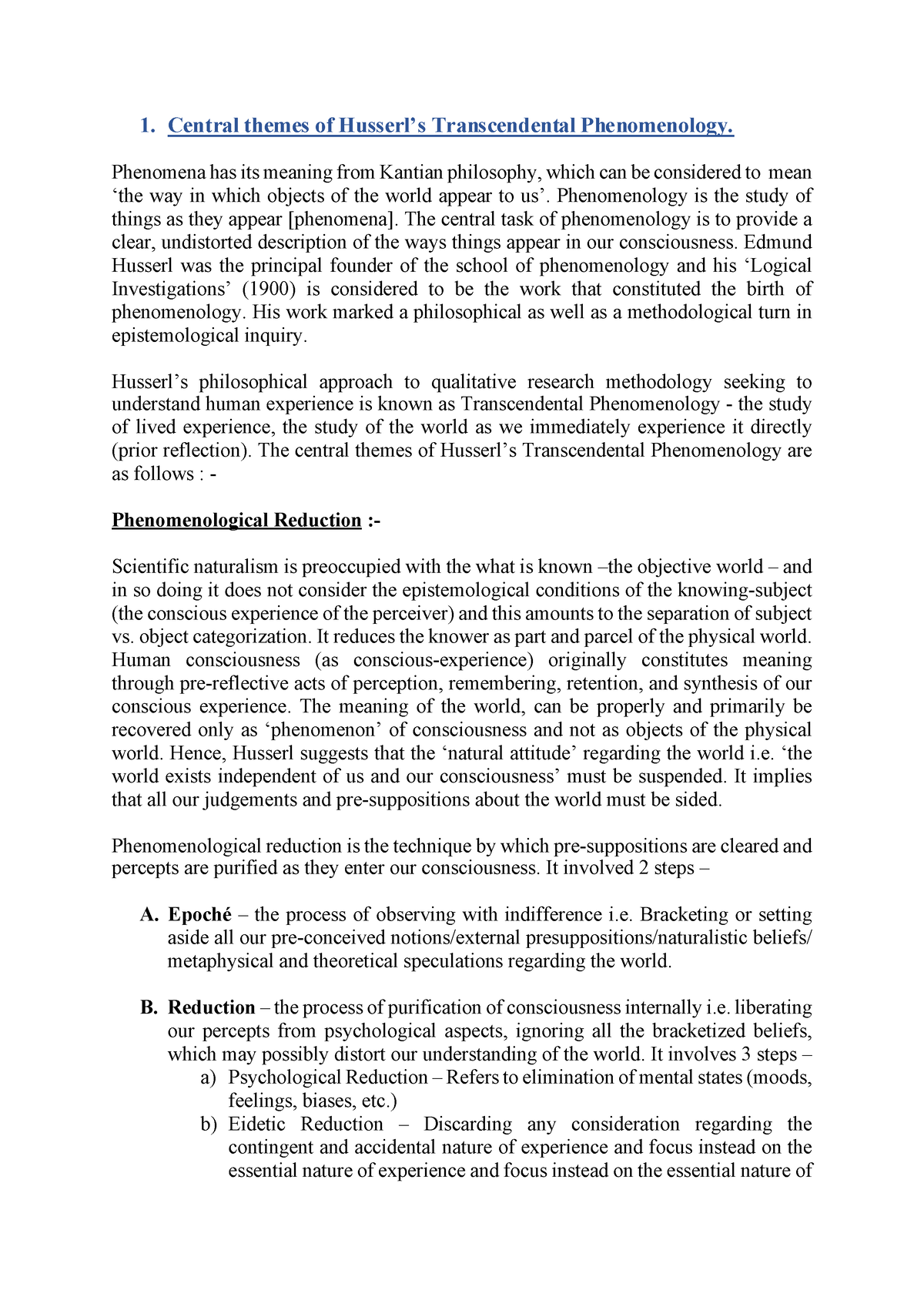 Phenomenology Of Husserl - 1. Central Themes Of Husserl’s ...