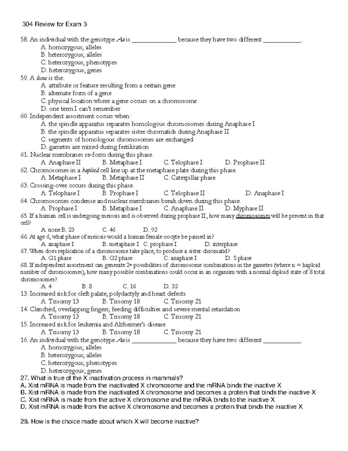 BIOL 304 Genetics Exam 3 Practice Questions Peyton Spring 2022 - 304 ...