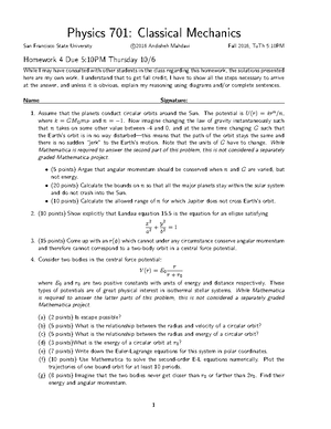 Hw5 - Homework assignment 5 - Physics 701: Classical Mechanics Thornton ...