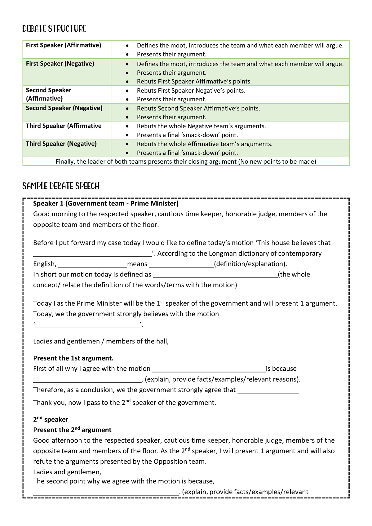 Debate Structure DEBATE STRUCTURE First Speaker Affirmative 