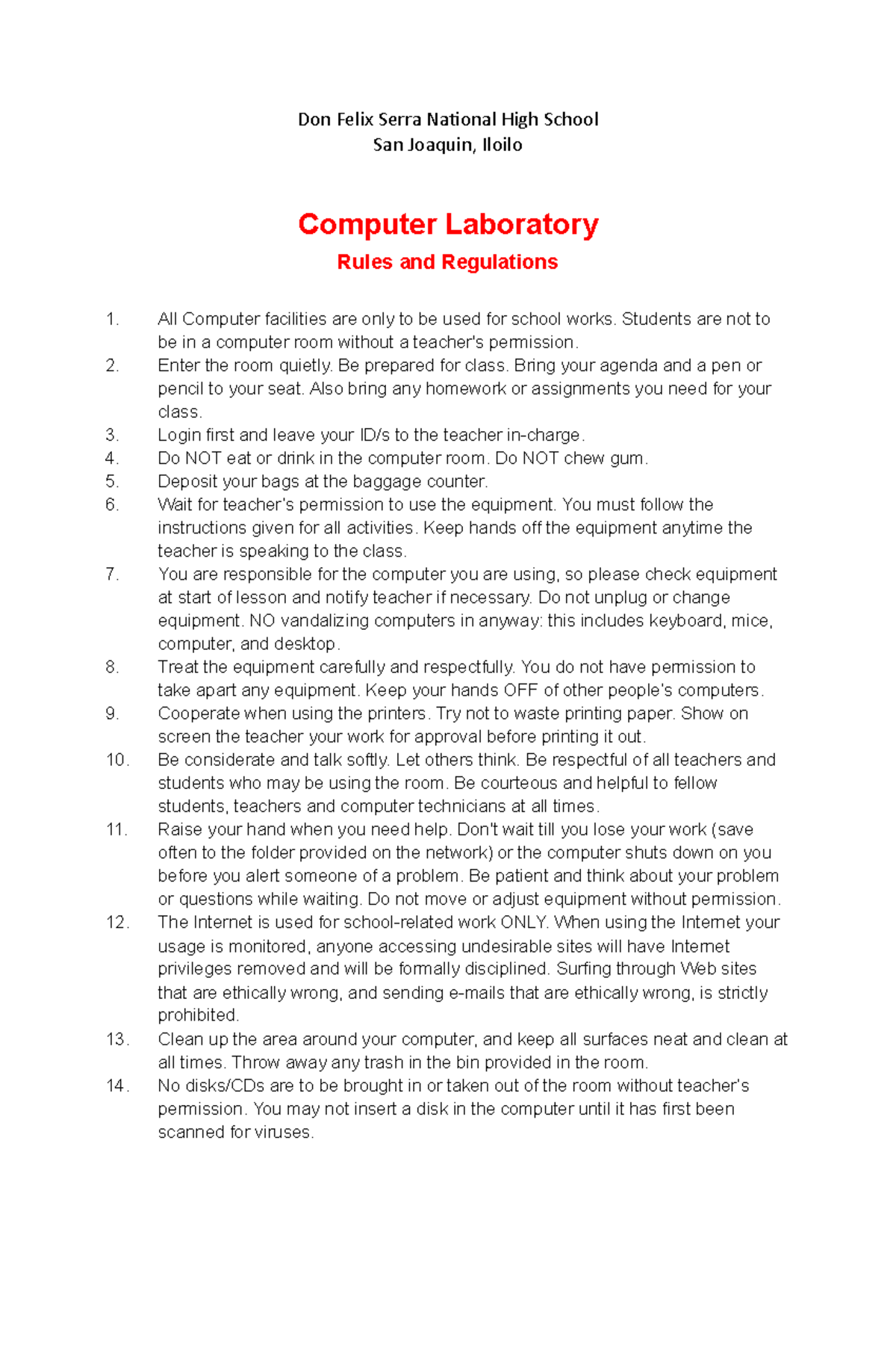 Computer Laboratory Rules and Regulation - Don Felix Serra National ...