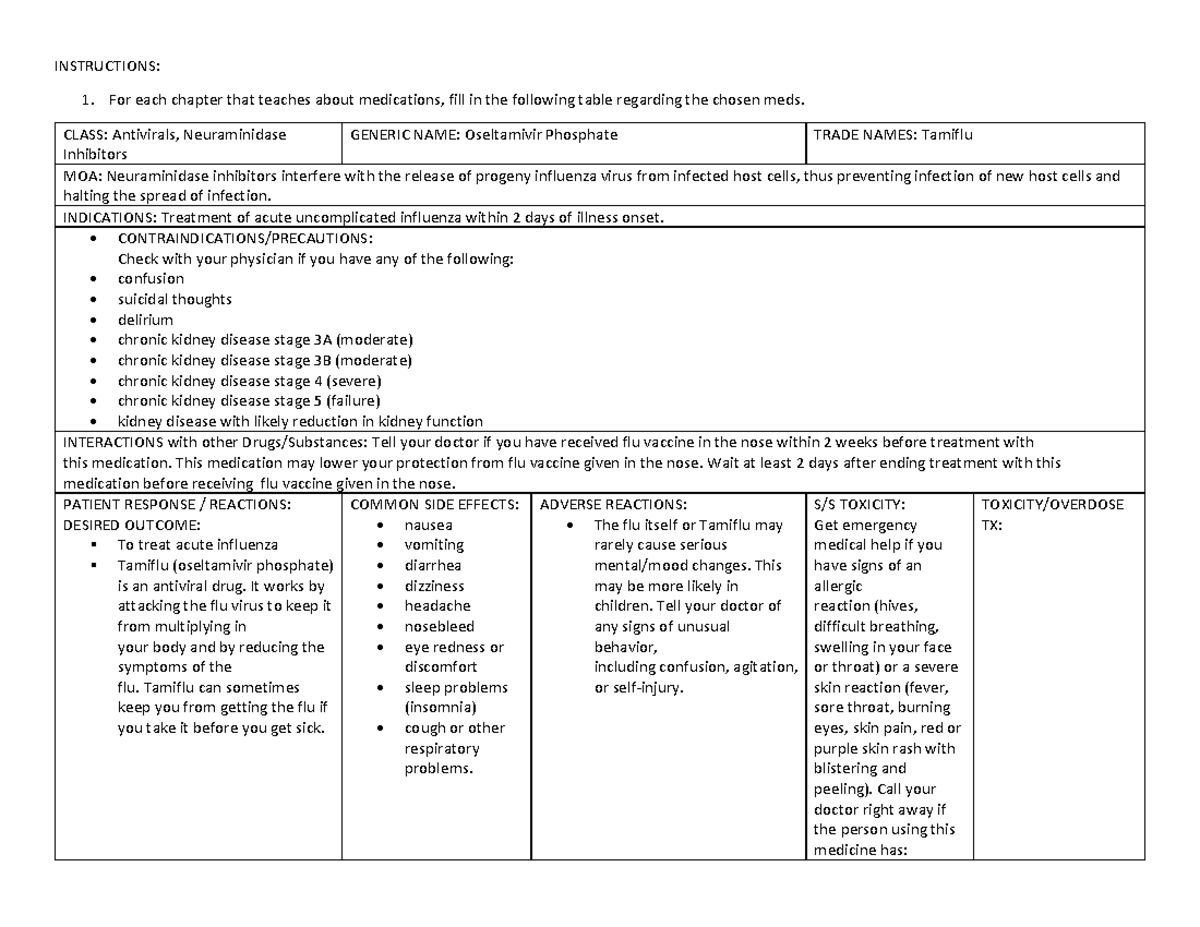 Med Card- Oseltamivir - INSTRUCTIONS: For each chapter that teaches ...