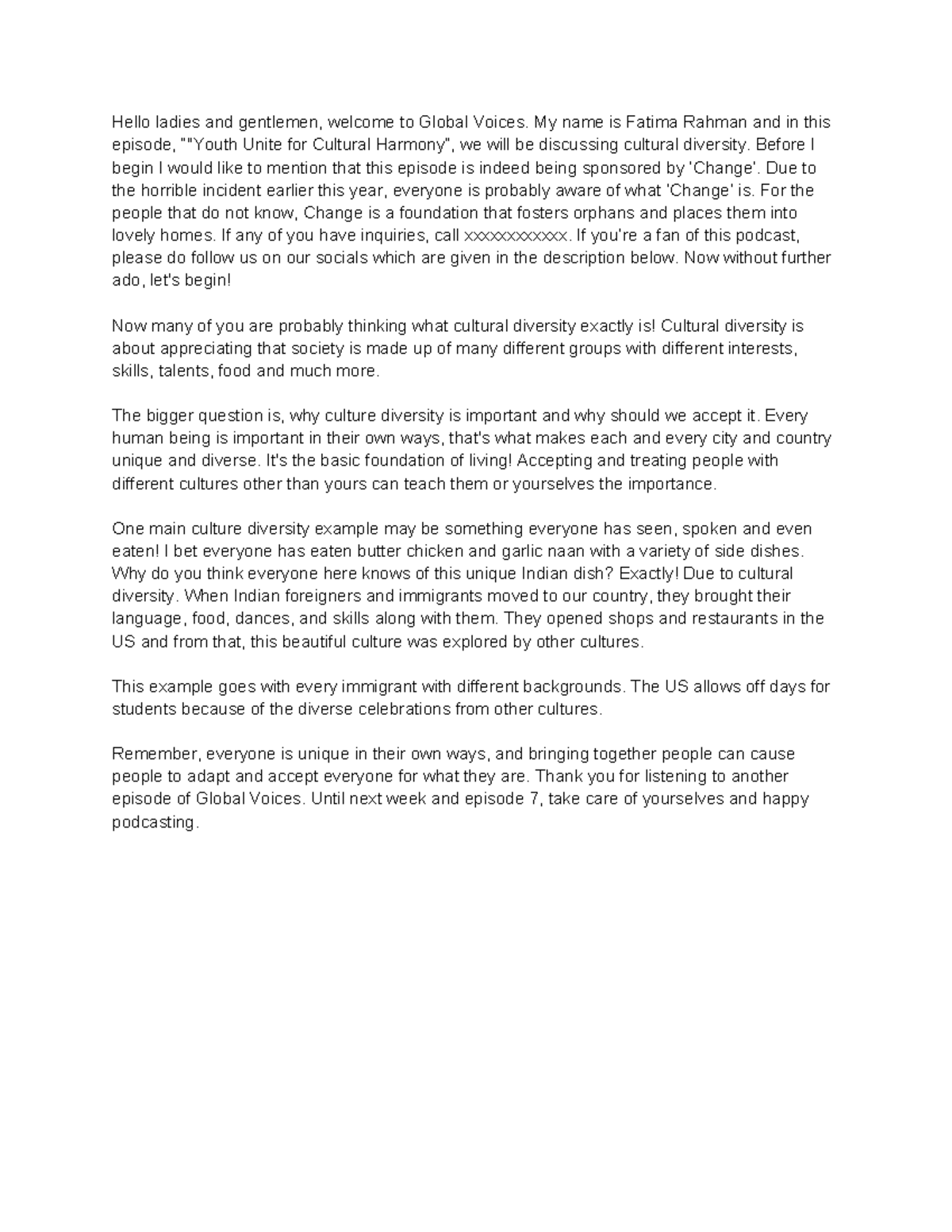 MYP 5 English Notes 5 Hello ladies and gentlemen, to Global Voices. My name is Fatima