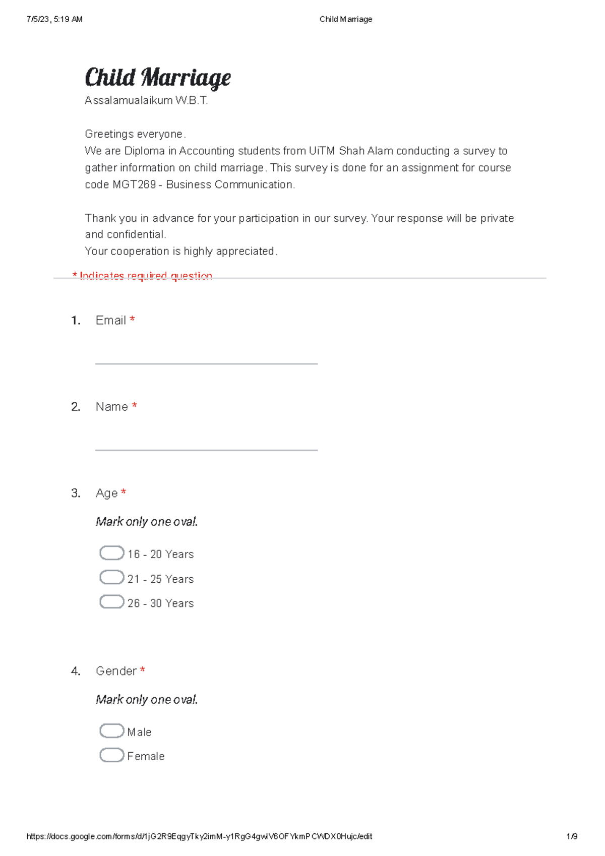 Google Forms for assignment - 1. 2. 3. Mark only one oval. 16 - 20 ...