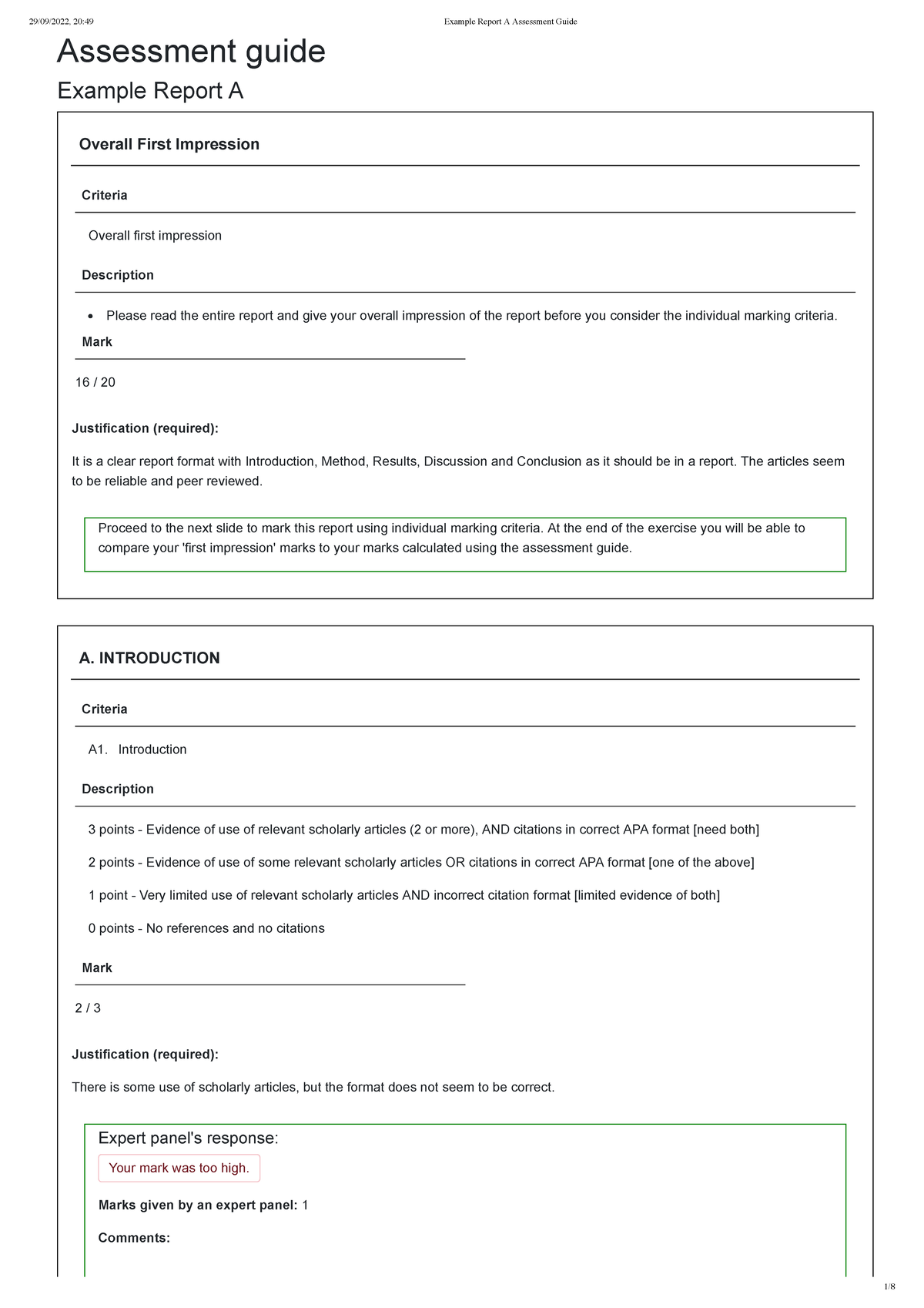 Example Report A Assessment Guide - Assessment guide Example Report A ...
