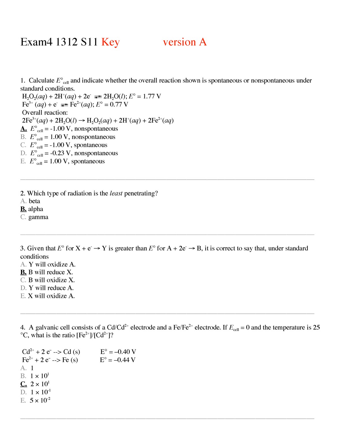 S11 Key Exam4 V A Old Exam With Keys Chem 130 Intro To Chemistry Studocu