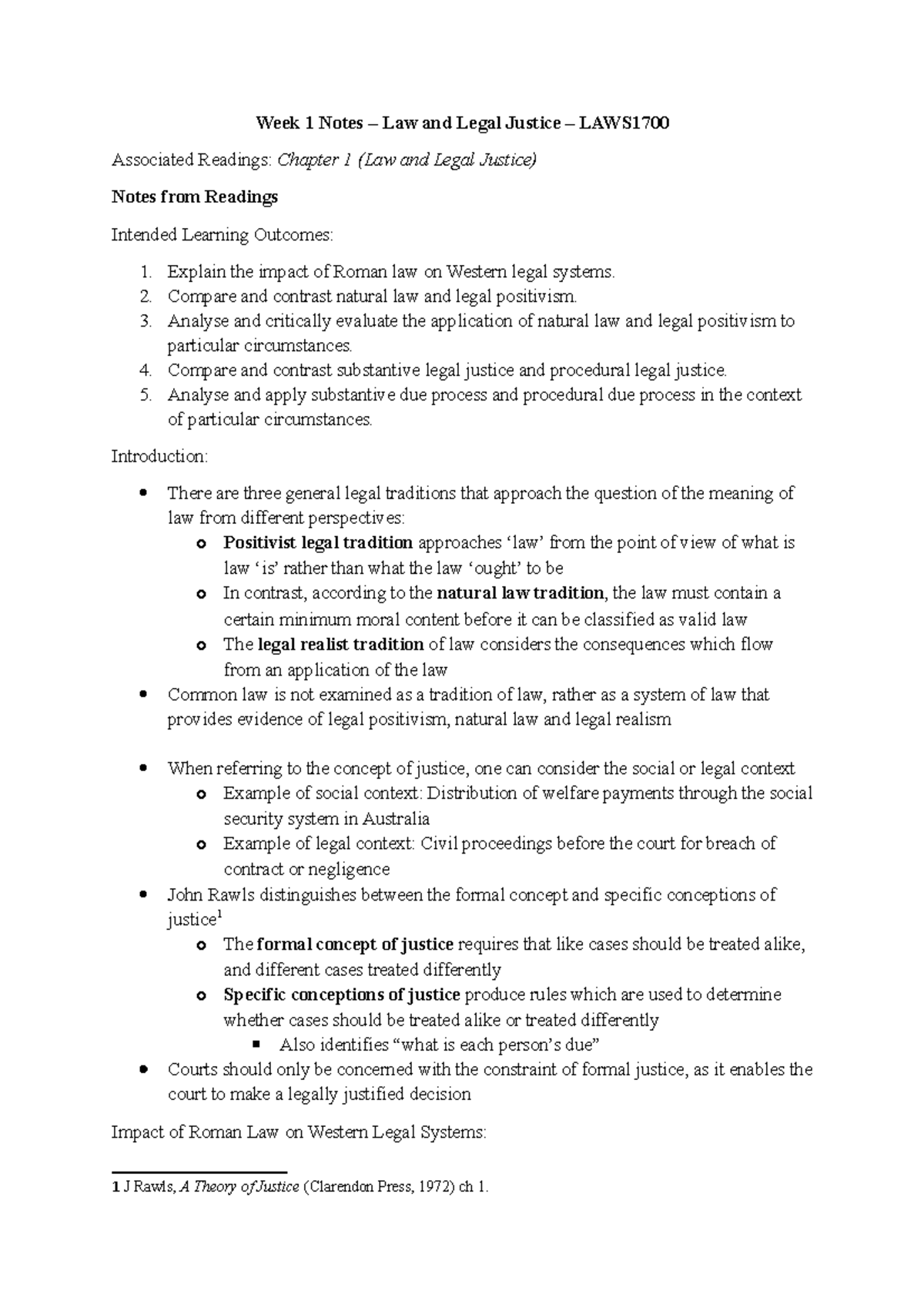 Week 1 Notes - LAWS1700 - Week 1 Notes – Law and Legal Justice – LAWS ...