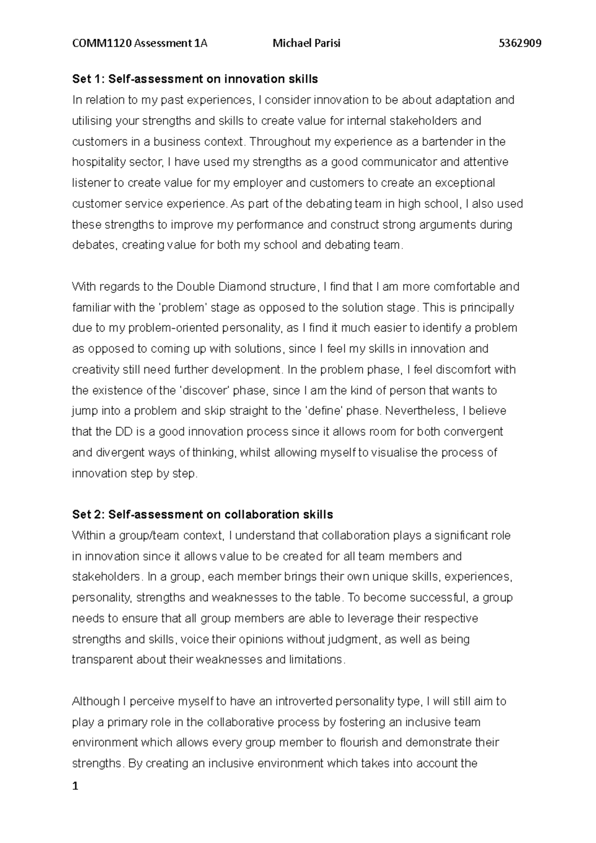 COMM1120 Assessment 1A - COMM1120 Assessment 1AMichael Parisi Set 1 ...