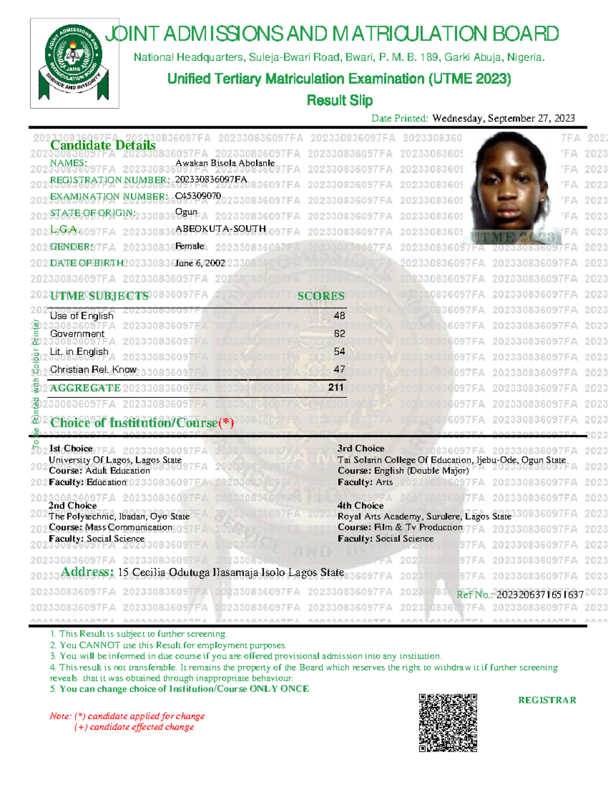 Awakan Bisola Abolanle Result Slip - UTME SUBJECTS SCORES Choice of ...