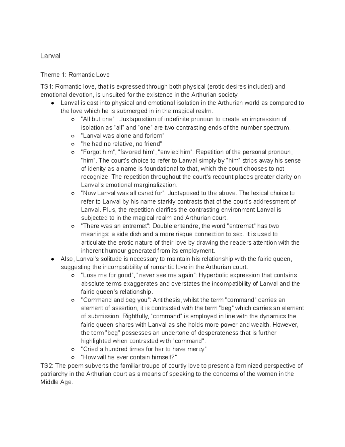 HL1002 Notes Nil Lanval Theme 1 Romantic Love TS1 Romantic love
