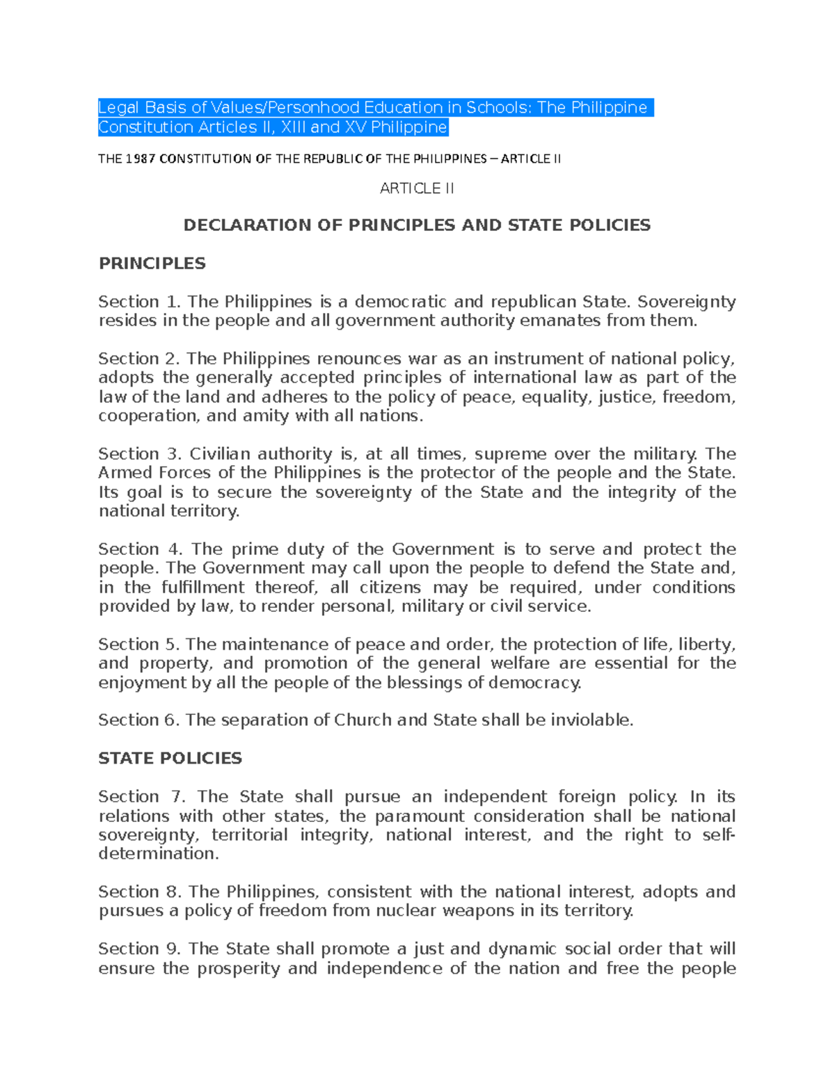 Legal Basis OF Values Education - Legal Basis of Values/Personhood ...