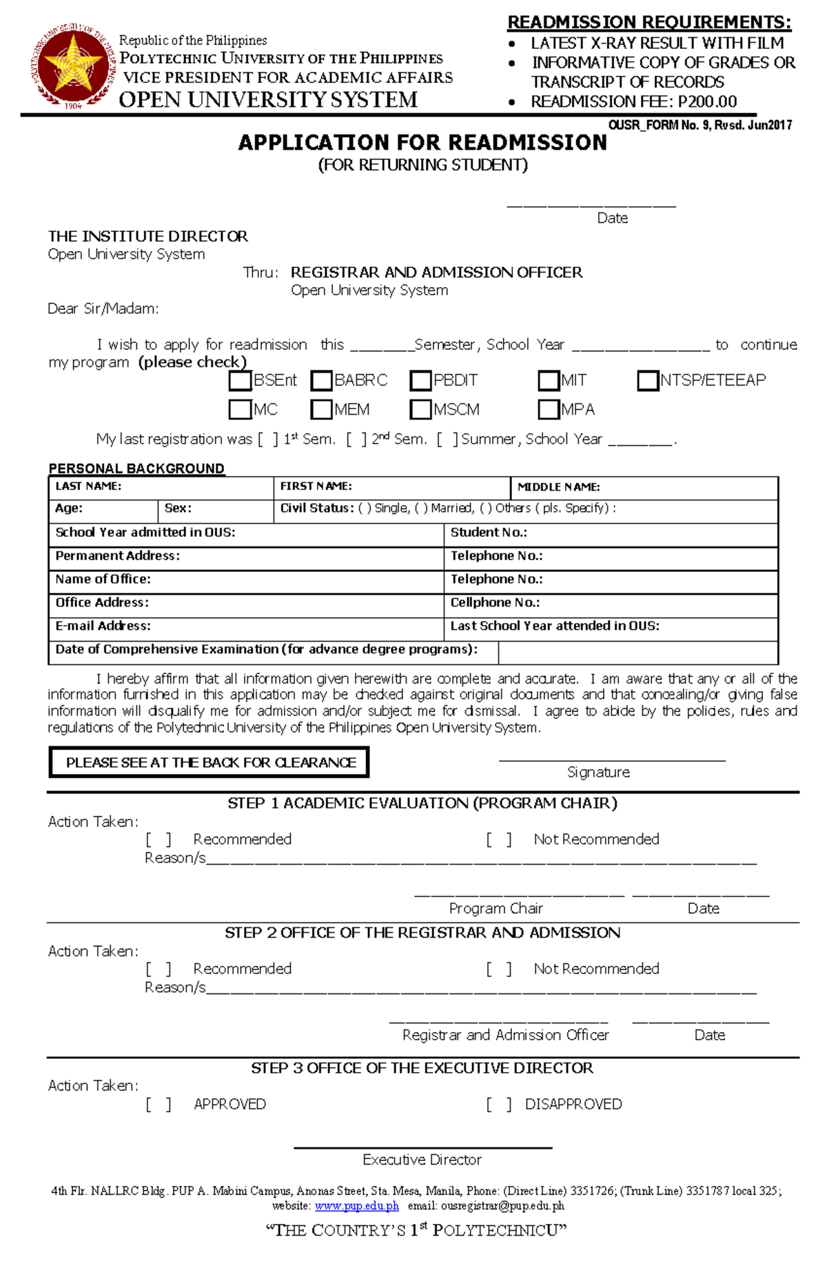 PUP OUS Application for Readmission 2017 - Republic of the Philippines ...