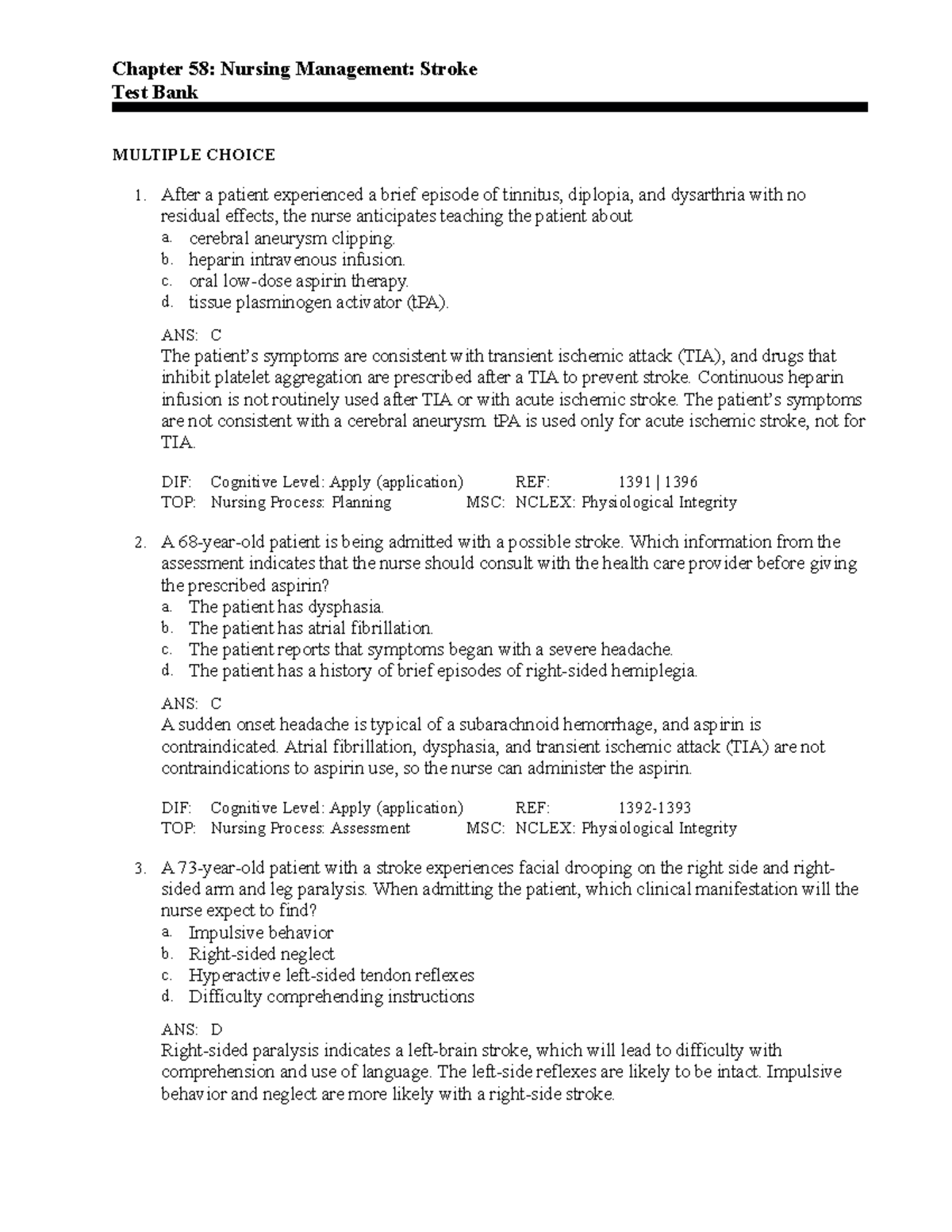 Chapter 58Stroke Chapter Review - Chapter 58: Nursing Management ...