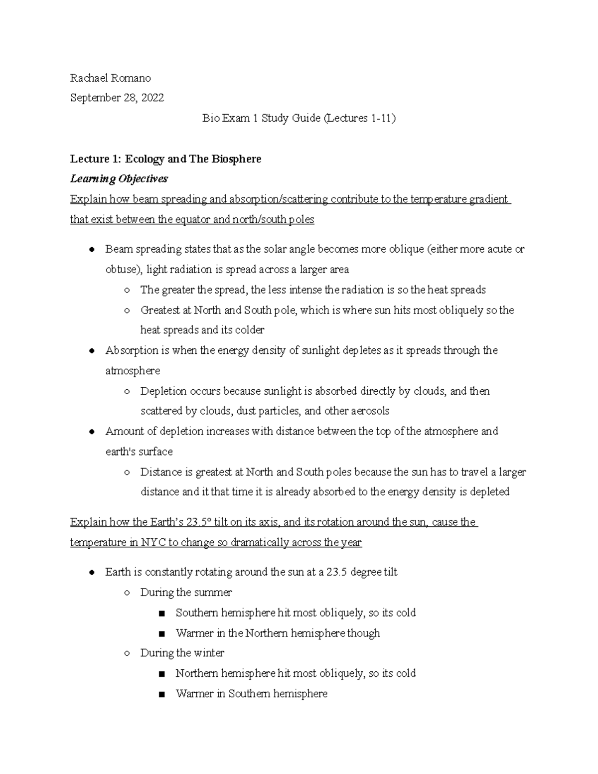 Bio Exam #1 Study Guide (L 1-11) - Rachael Romano September 28, 2022 ...