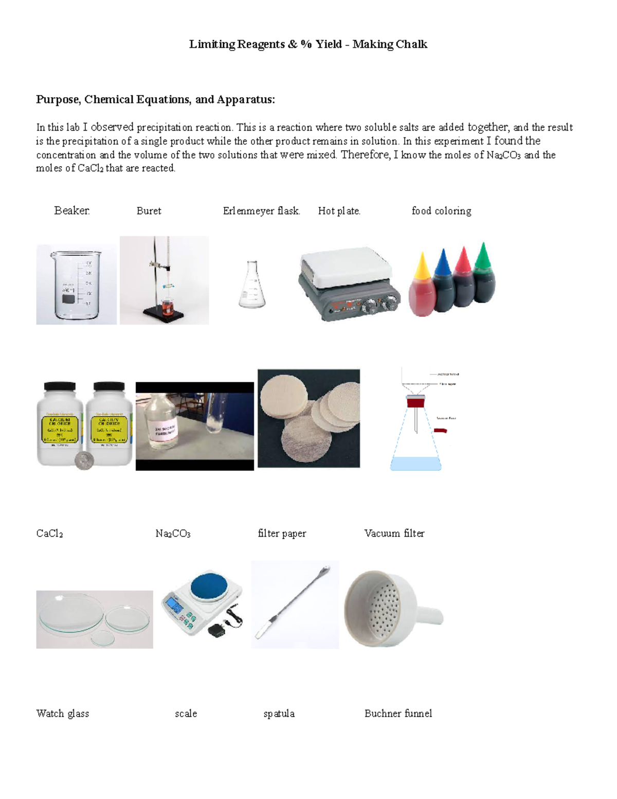 Lab 5 Limiting Reagents & % Yield - Making Chalk - Limiting Reagents ...