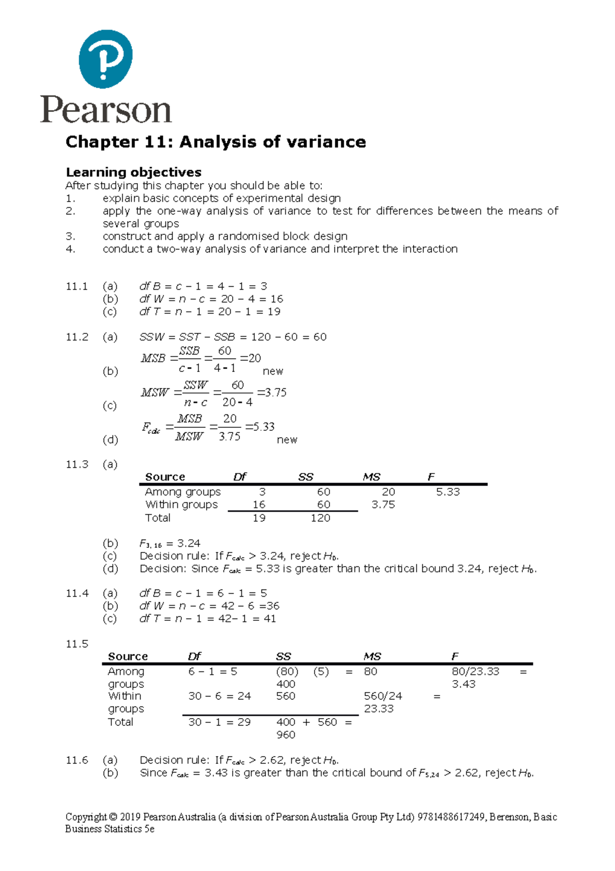 Chapter 11 - Textbook solution - Chapter 11: Analysis of variance ...
