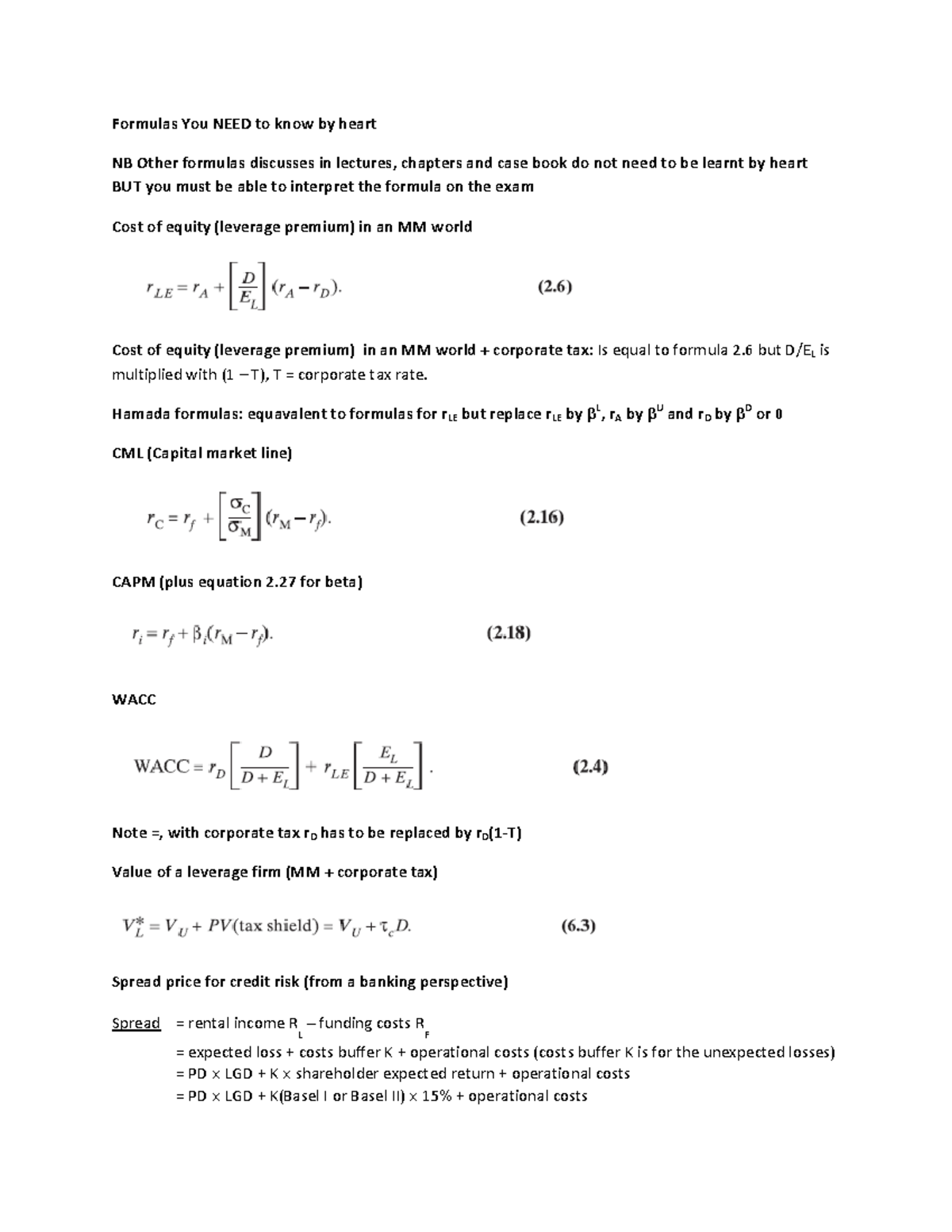 Important formulas - Advanced Corporate Finance - VU - StudeerSnel