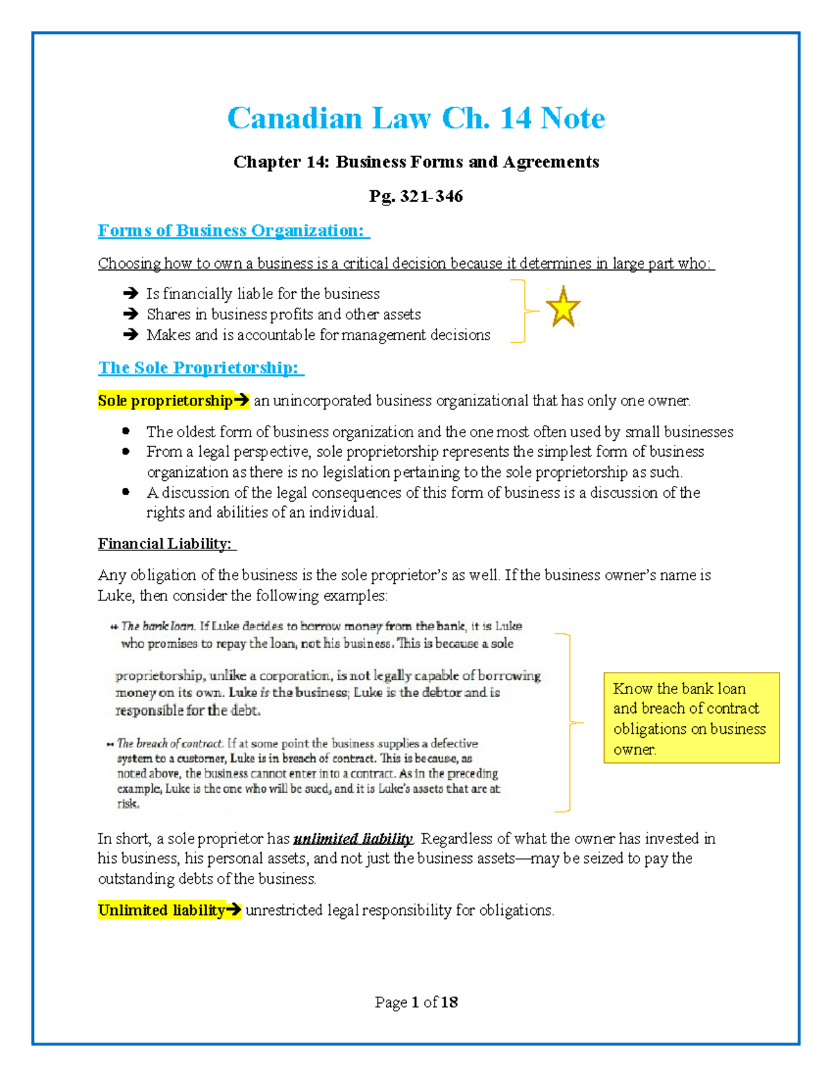 Canadian Law Ch 14 Note - Canadian Law Ch. 14 Note Chapter 14: Business ...