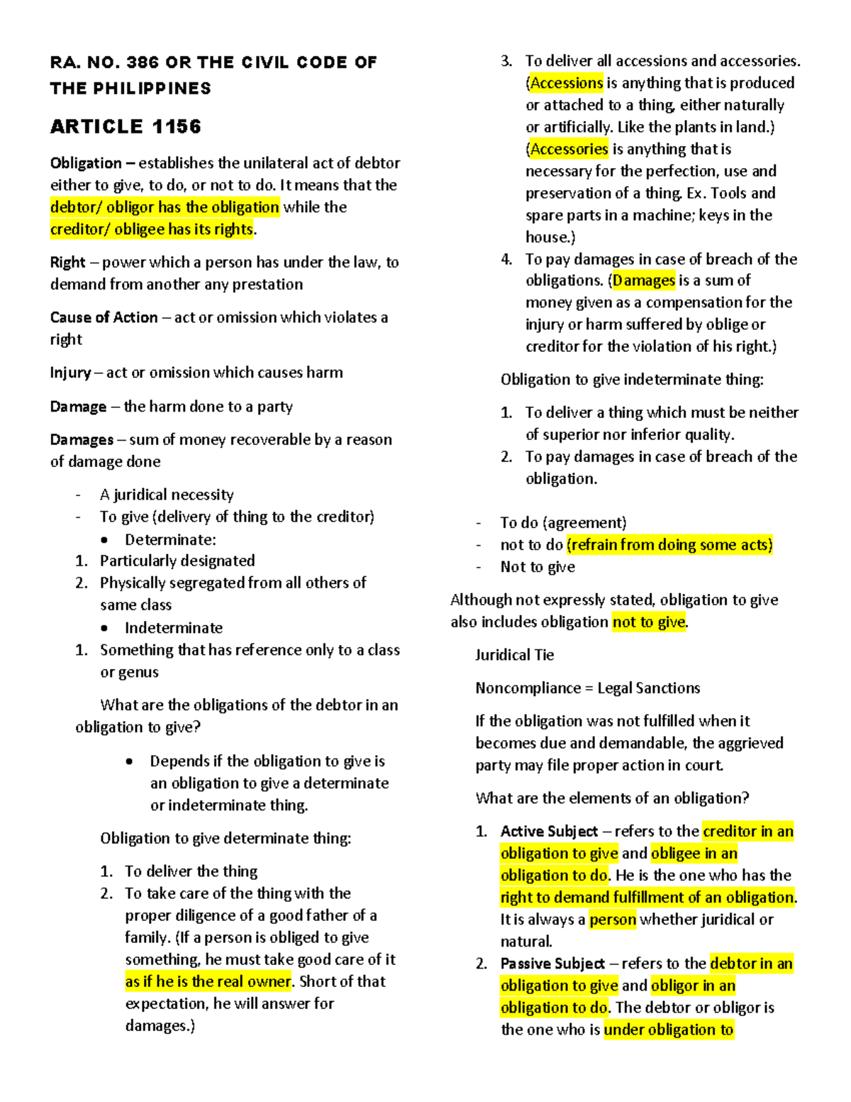 Oblicon Reviewer Articles 1156-1198 - RA. NO. 386 OR THE CIVIL CODE OF ...