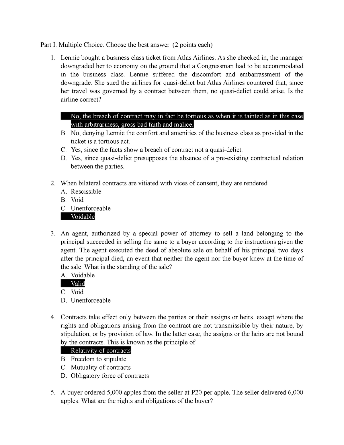 QUIZ 4 Business Law Part I Multiple Choice Choose The Best Answer 