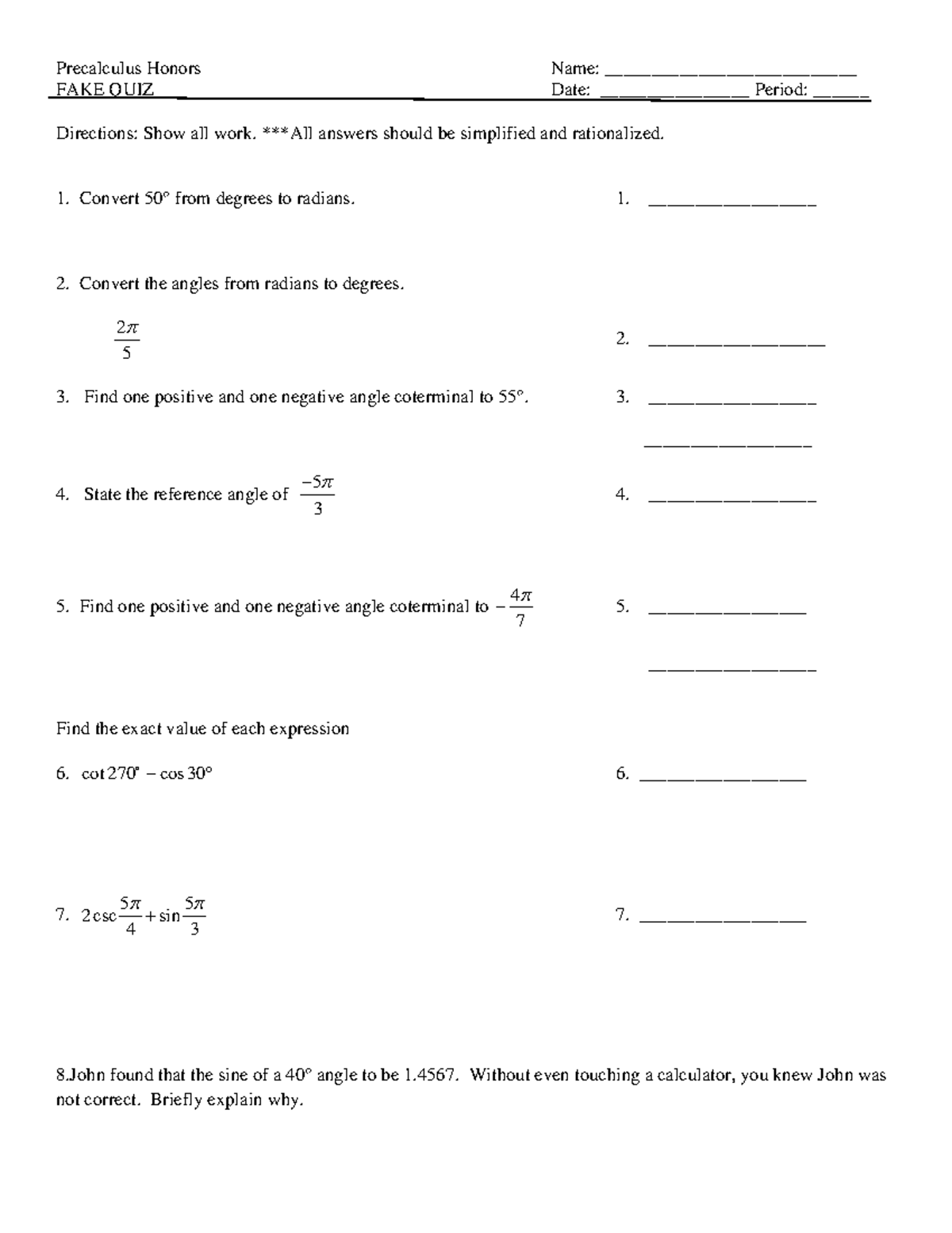 Skill 5 Fake Quiz - Math - Precalculus Honors Name ...