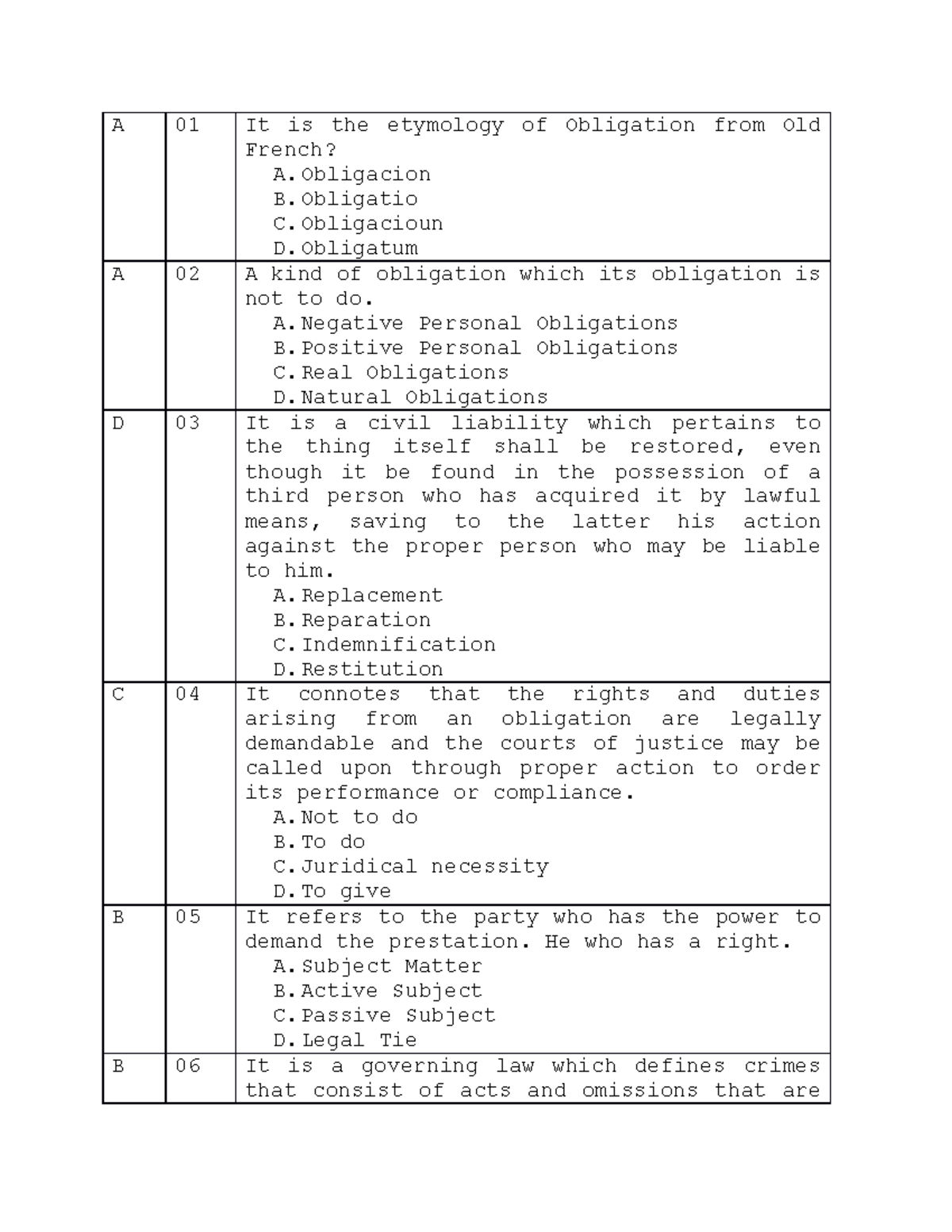 Law 3 Law A 01 It is the etymology of Obligation from Old French? A