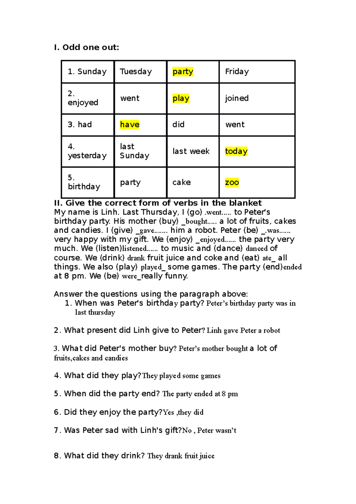 Unit 4 i don't know I. Odd one out II. Give the correct form of