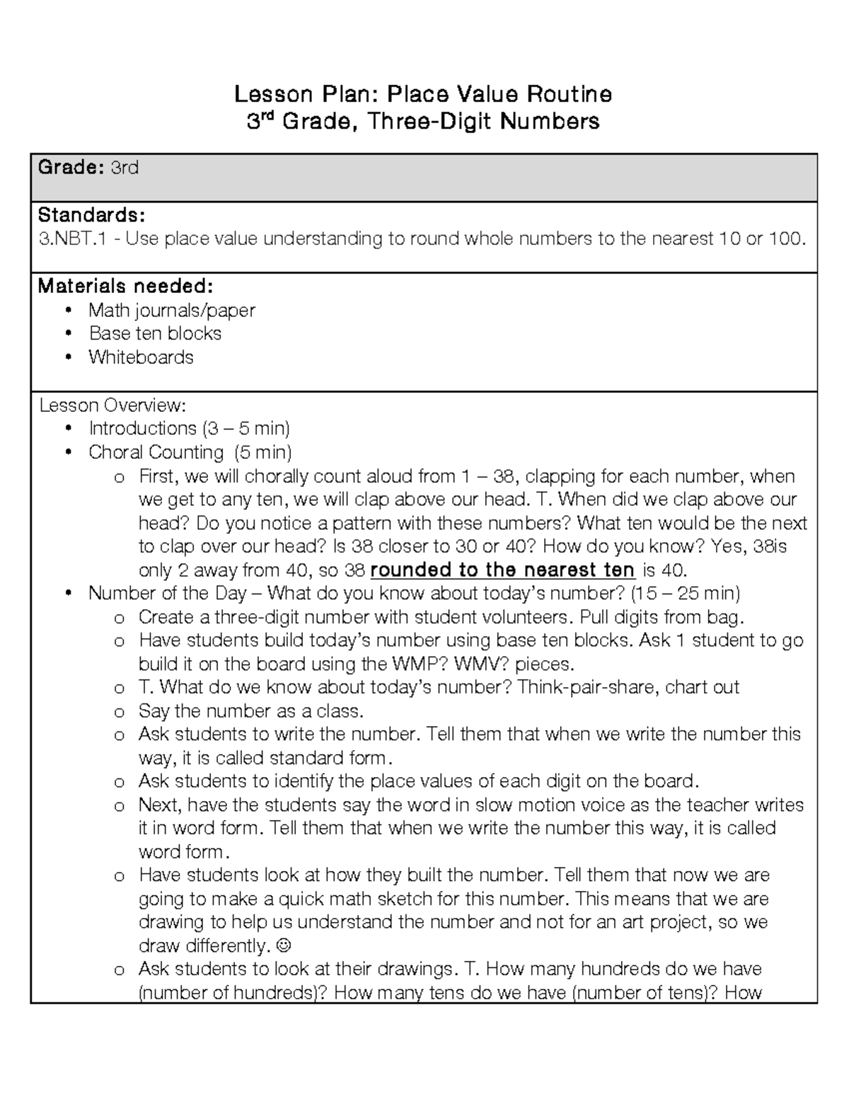 3 Place Value Routine 3rd Grade Lesson Plan Lesson Plan Place Value 