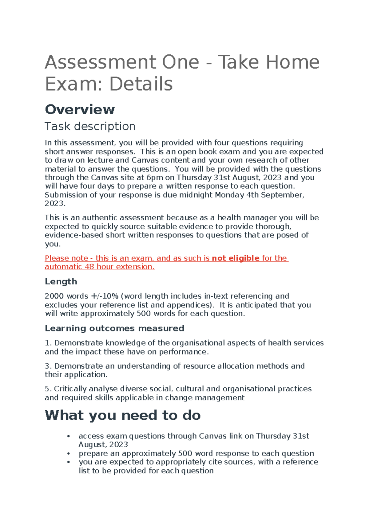 Assessment One - This is an exam pattern - Assessment One - Take Home ...