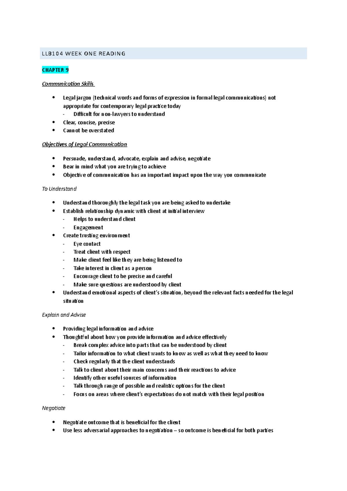 LLB104 W1 Reading - LLB104 WEEK ONE READING CHAPTER 9 Communication ...