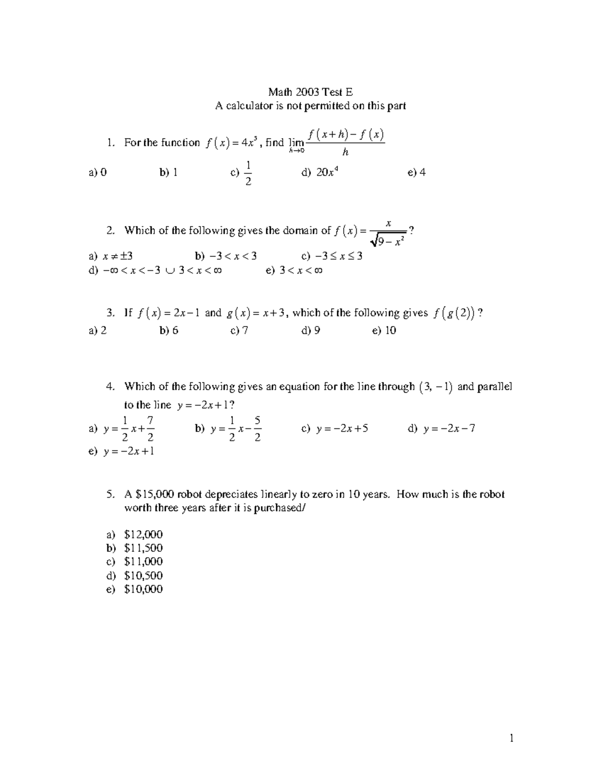 2003 Test E - Calc - Math 2003 Test E A calculator is not permitted on ...