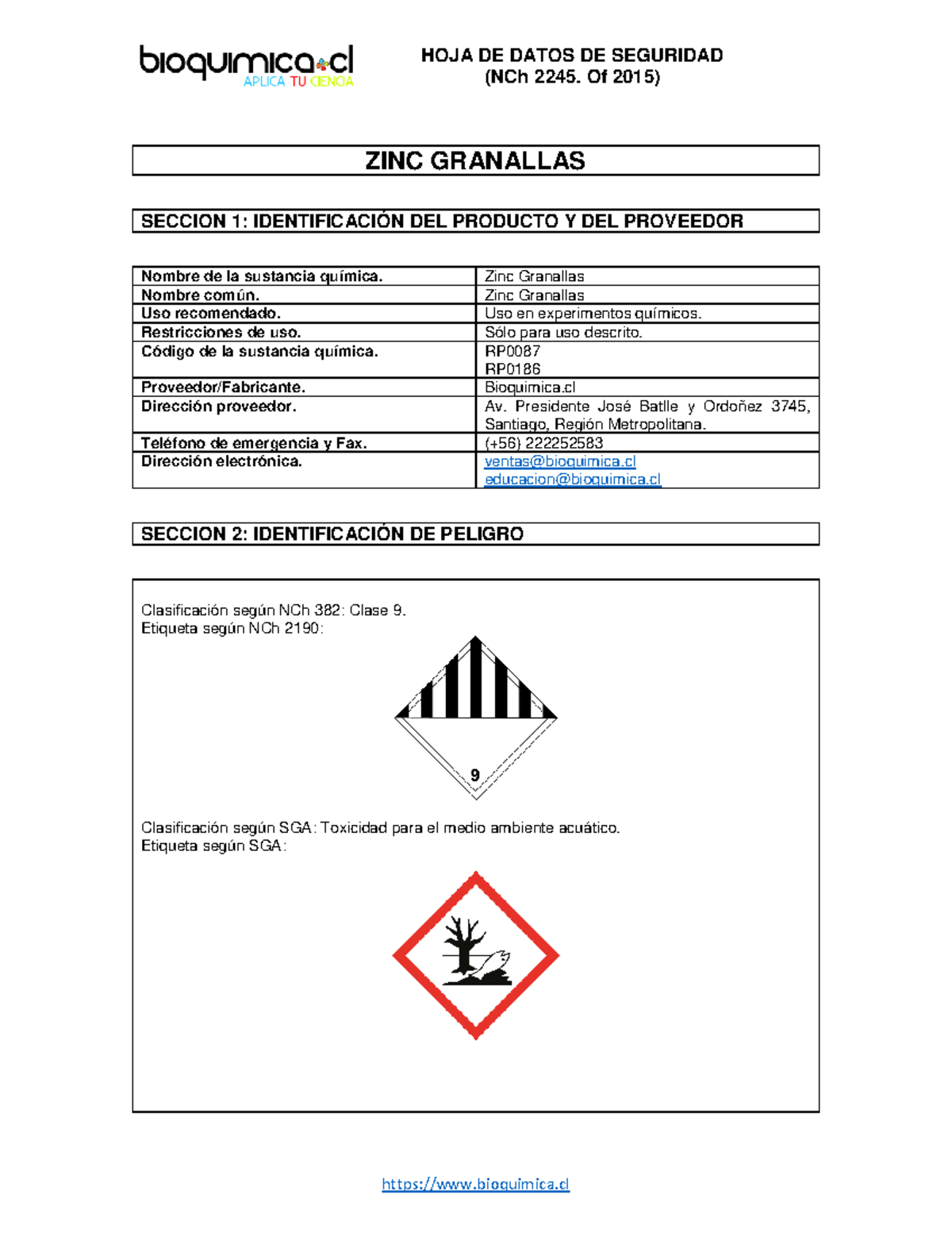 Zinc Granallas m dcnkñanl (NCh 2245. Of 2015) ZINC GRANALLAS