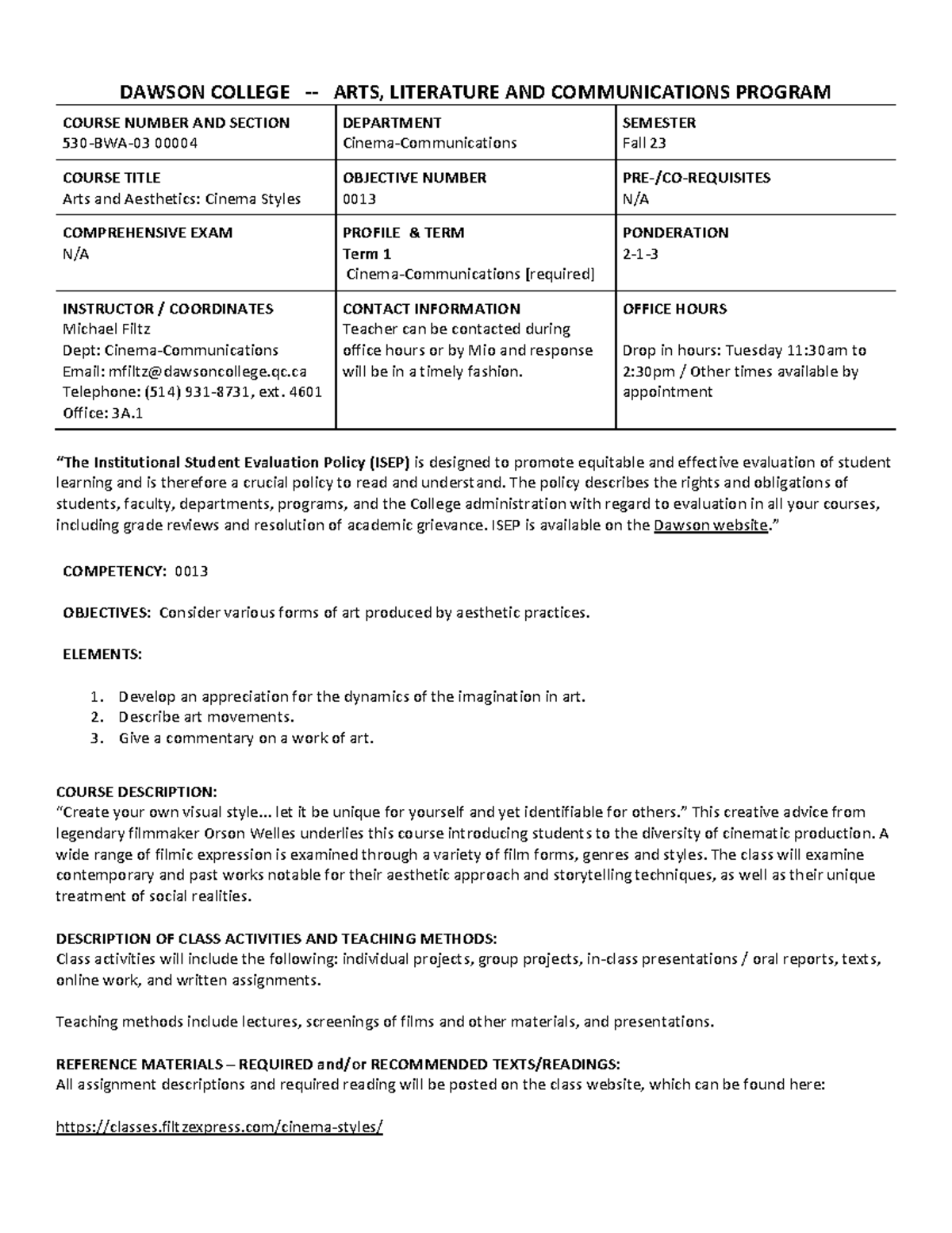 Course outline fall 2023 - DAWSON COLLEGE - ARTS, LITERATURE AND ...