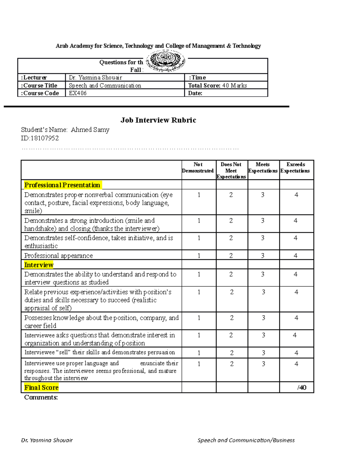 Job Interview Rubric Business Vodafone - Arab Academy for Science ...