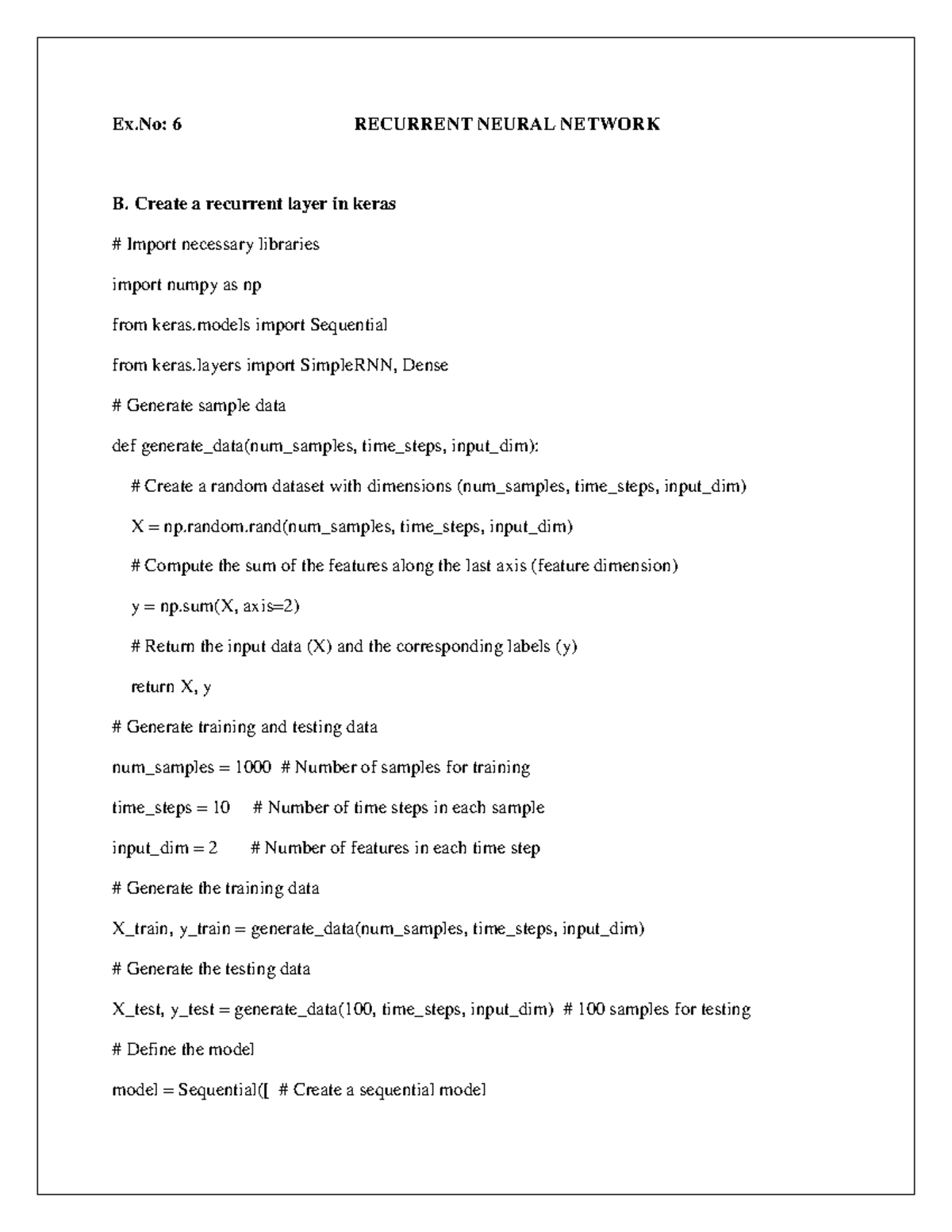 Dl exp 6 n 7 manual - LAB EXPERIMENTS - Ex: 6 RECURRENT NEURAL NETWORK ...