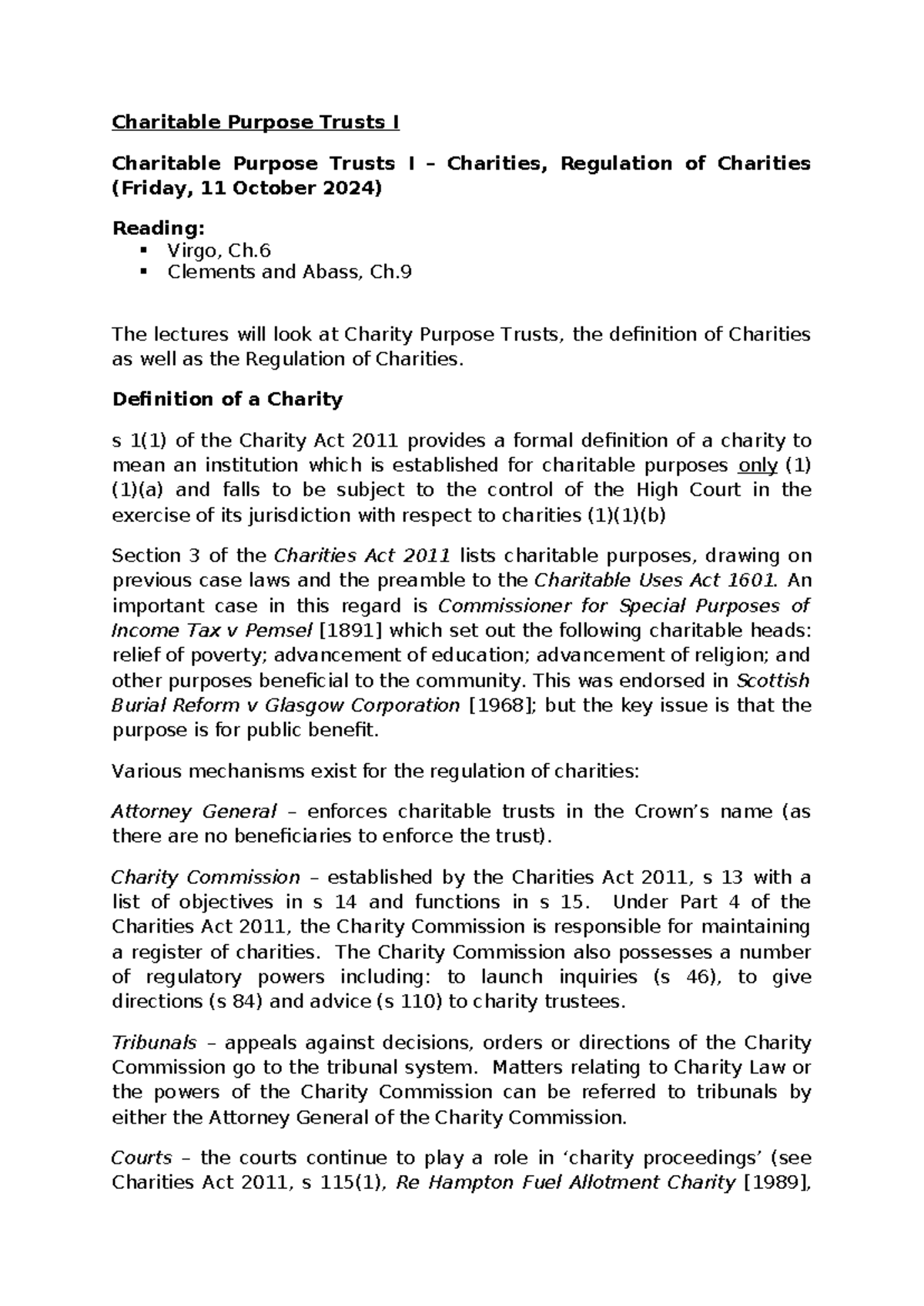 Lecture Handout-Charitable Purpose Trusts I - Charitable Purpose Trusts ...