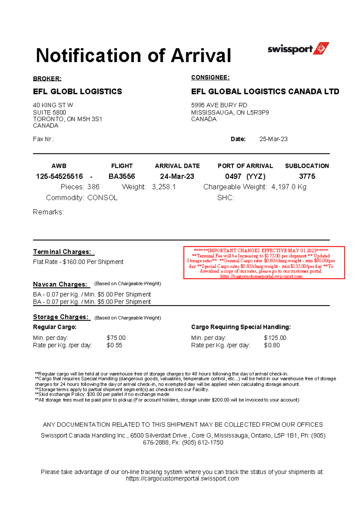 Arrival notice of air import shipment - Notification of Arrival EFL ...