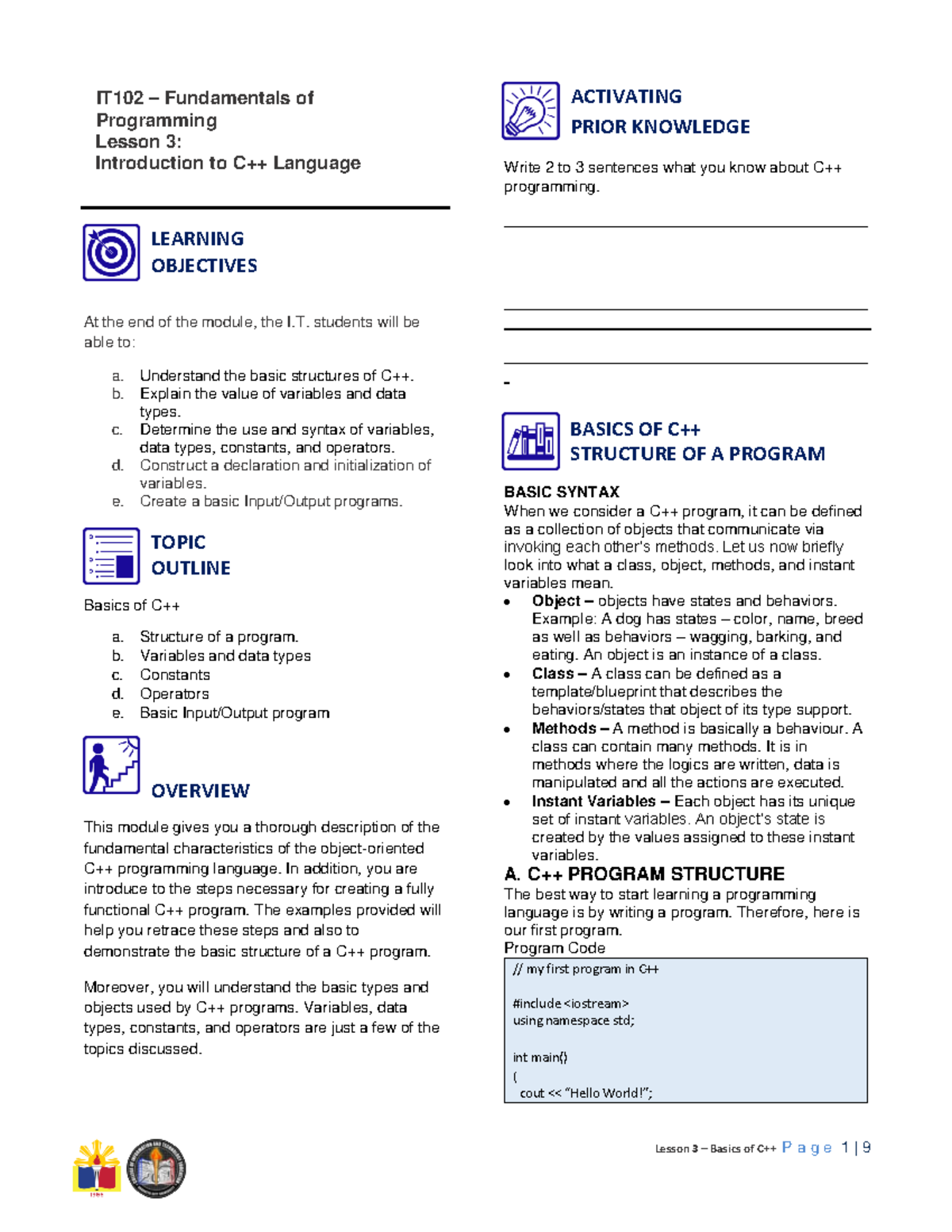 Lesson 3A Basic OF C - Fundamentals - IT102 – Fundamentals of ...