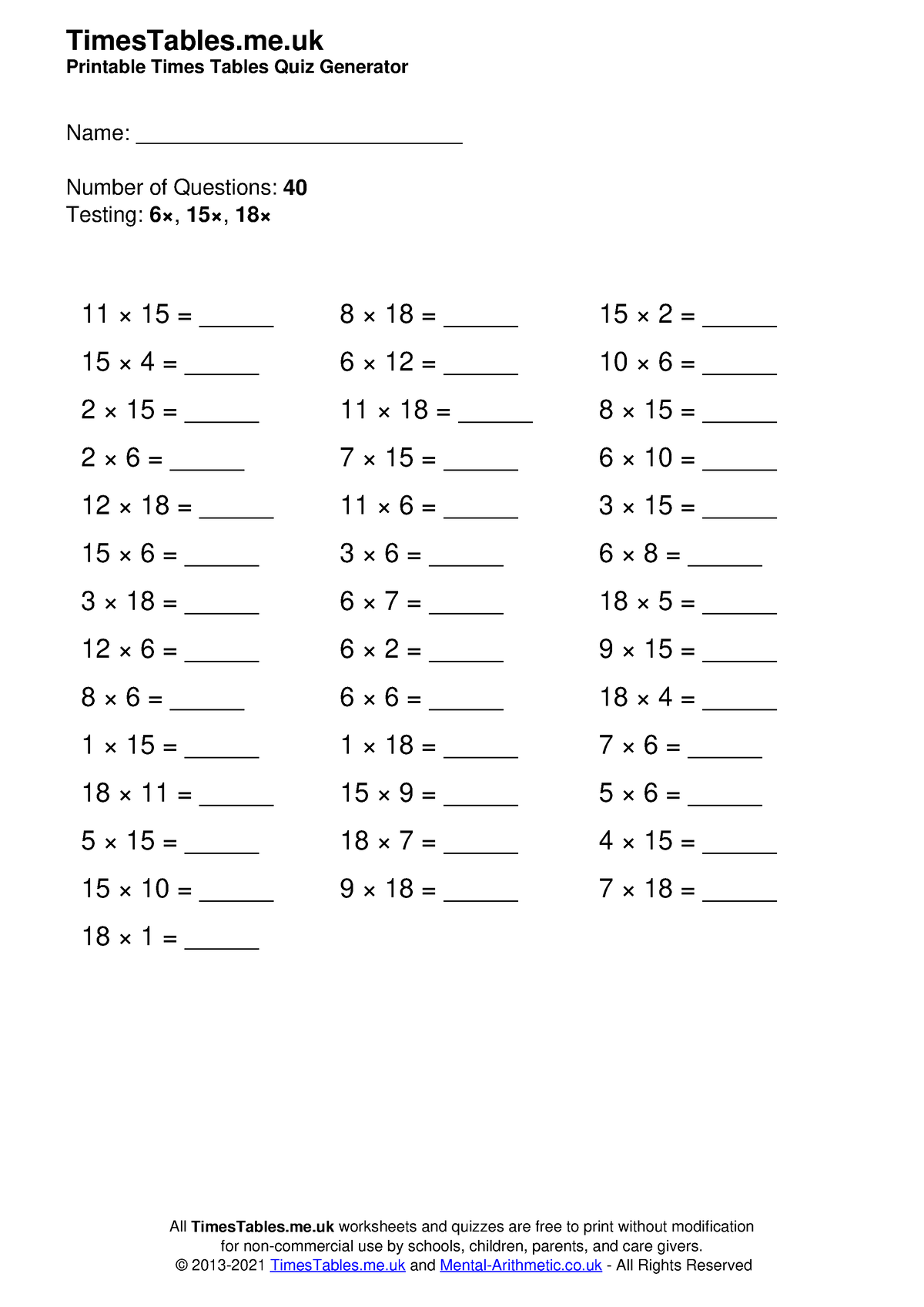 Ii3 - notes - TimesTables.me Printable Times Tables Quiz Generator Name