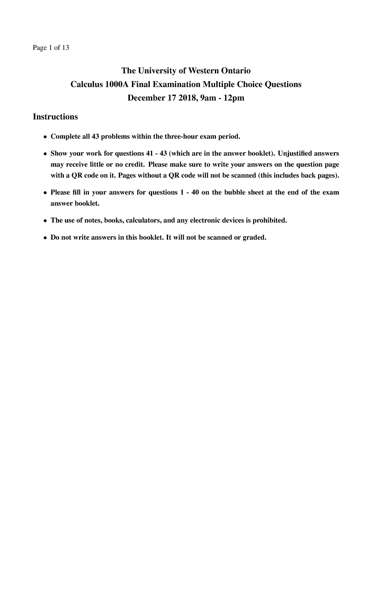 Calc1000A 2018 final mc print - The University of Western Ontario ...
