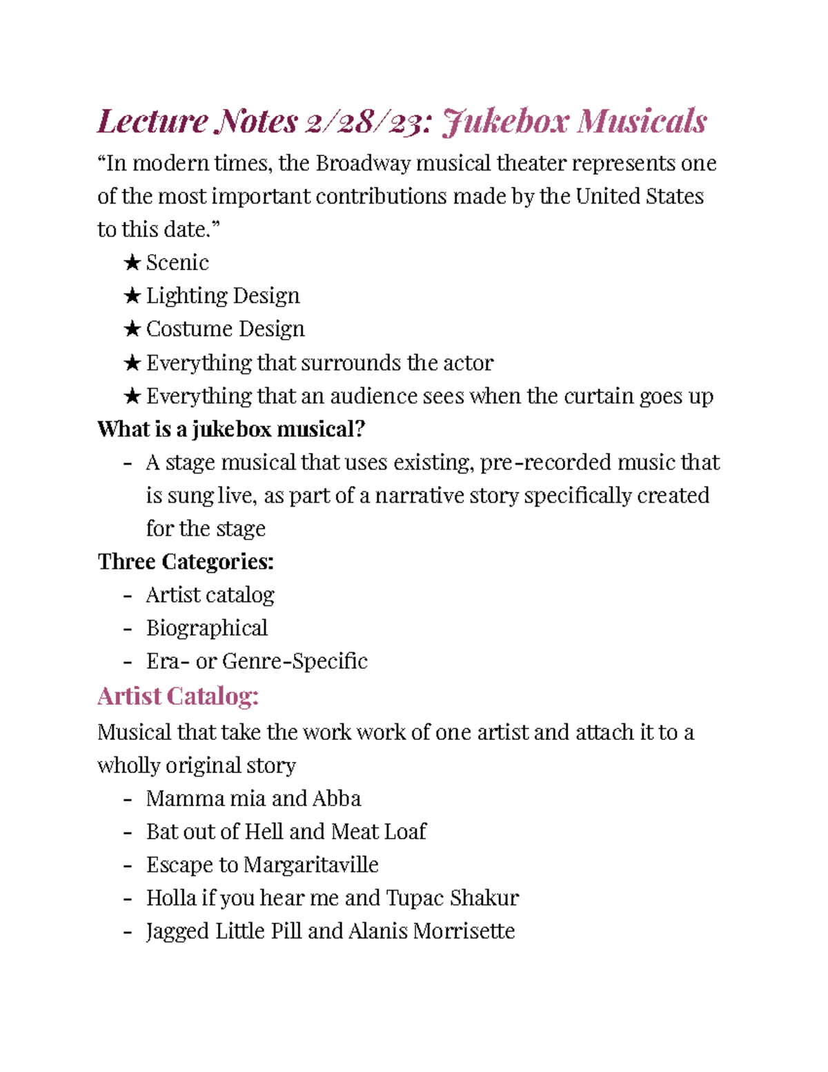 Jukebox Musicals Notes Lecture Notes 2/28/23 Jukebox Musicals “In