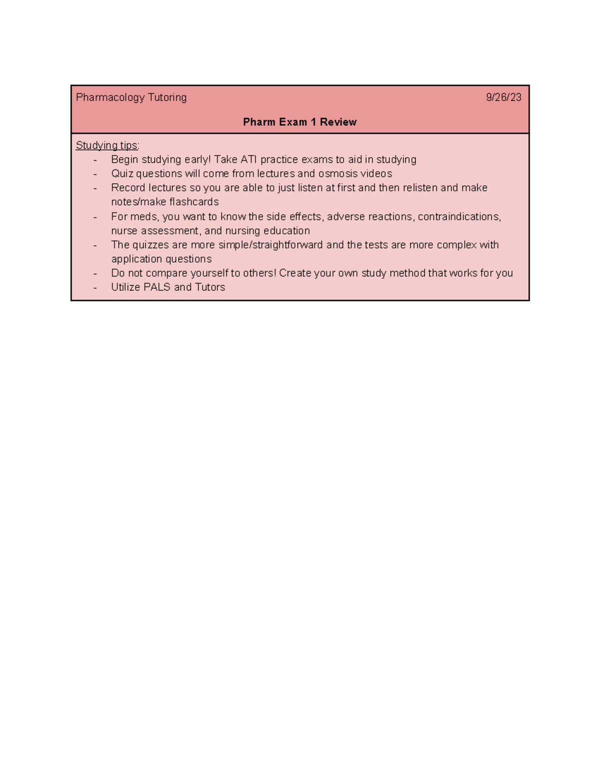 Pharm Exam 1 Review #1 - Tutor - Pharmacology Tutoring 9/26/ Pharm Exam ...