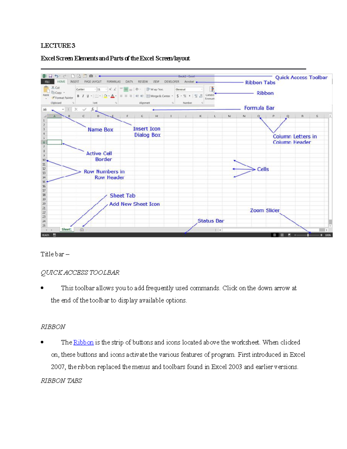 Lecture 3 spreadsheets continuation - LECTURE 3 Excel Screen Elements ...
