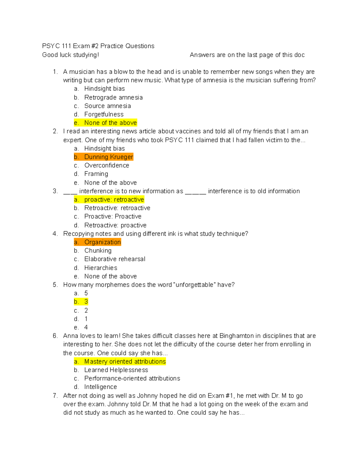 Exam #2 Practice Questions - PSYC 111 Exam #2 Practice Questions Good ...