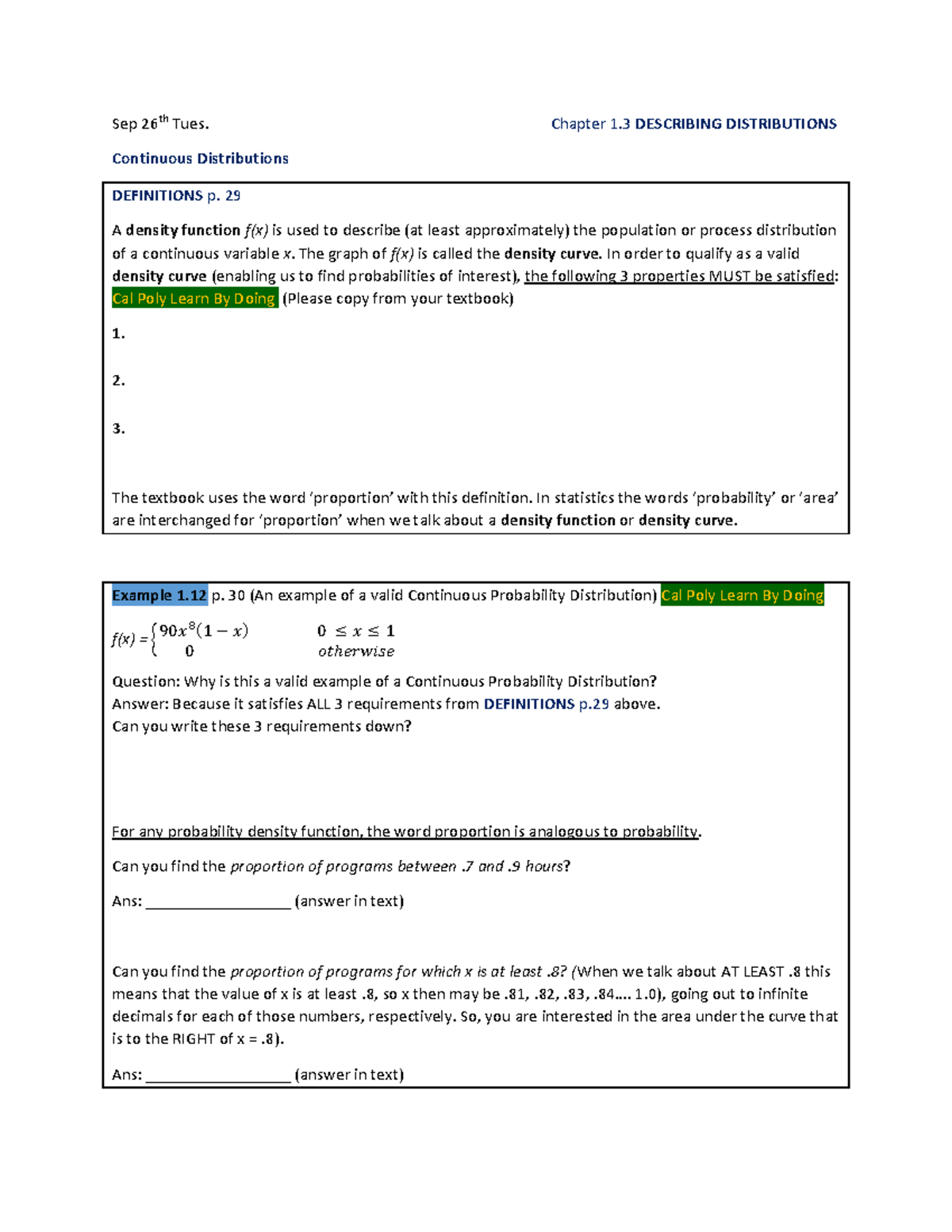 Sep 26th Tues-1 - Continuous Distribution - Sep 2 6 th Tues. Chapter 1 ...