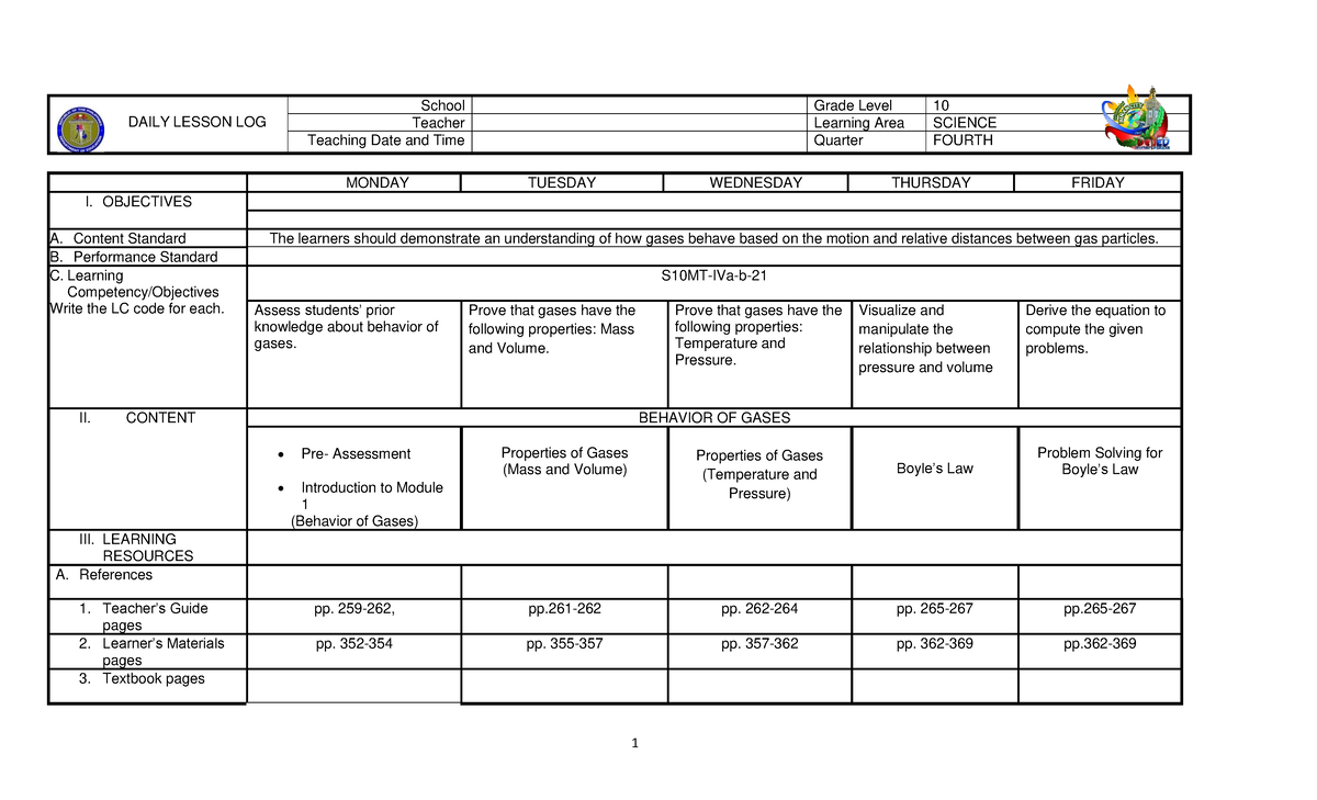 4TH Quarter - outline - DAILY LESSON LOG School Grade Level 10 Teacher ...