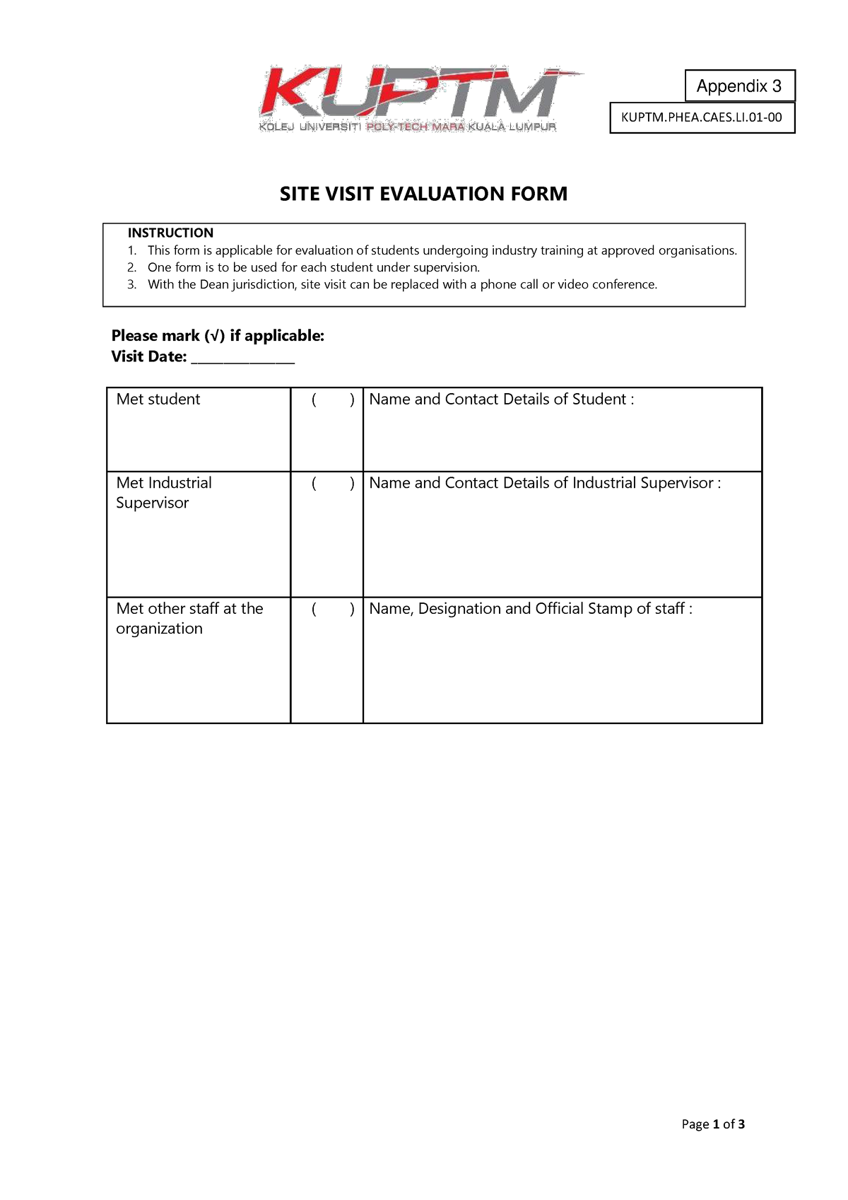 site visit criteria