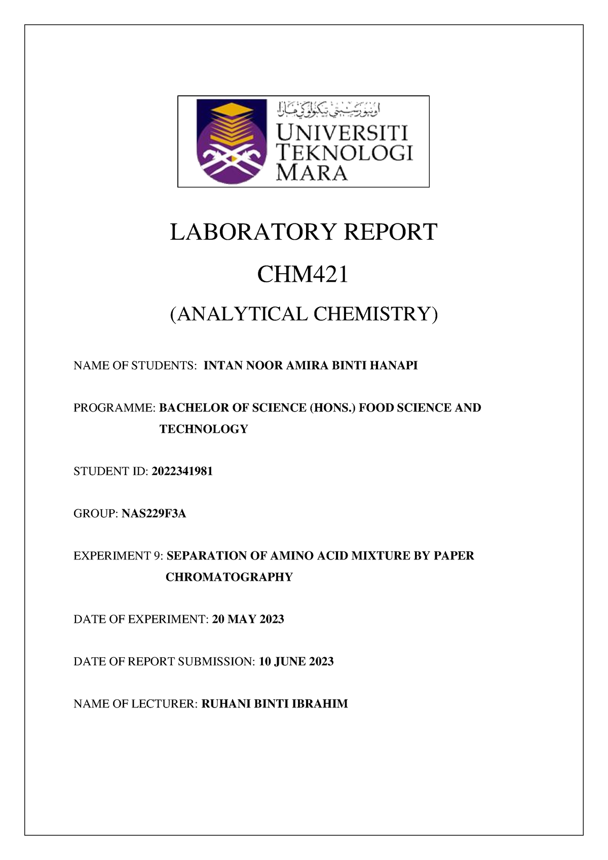 Intan Noor Amira Binti Hanapi 2022341981 NAS229F3A Experiment 10 CHM421 ...